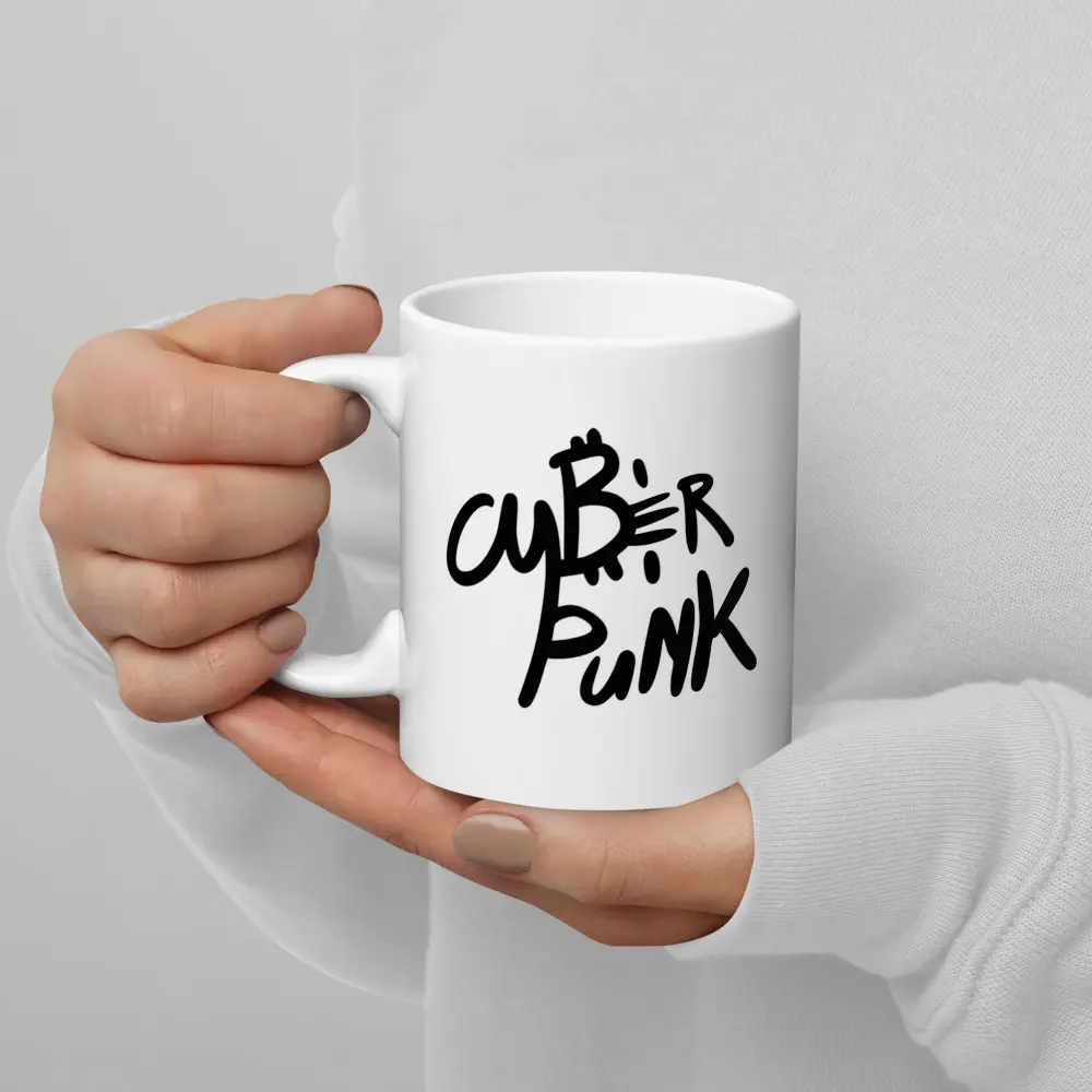 bitcoin mug - cyber punk - hold by 2 hands - 325ml