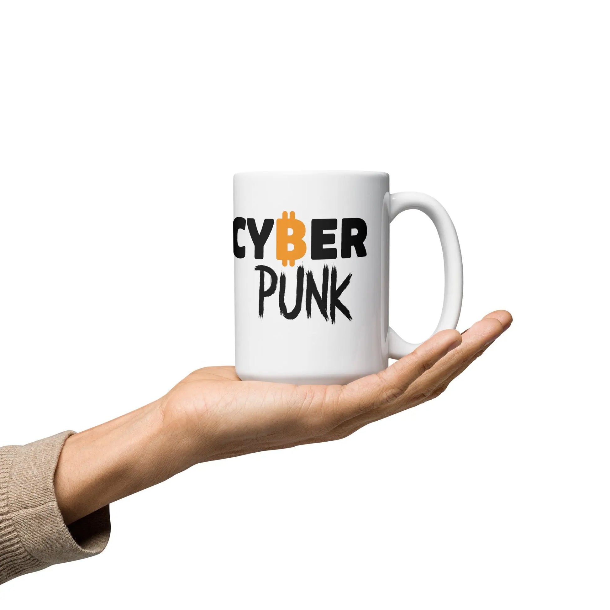 bitcoin mug - cyber punk design - hold on hand - 443ml