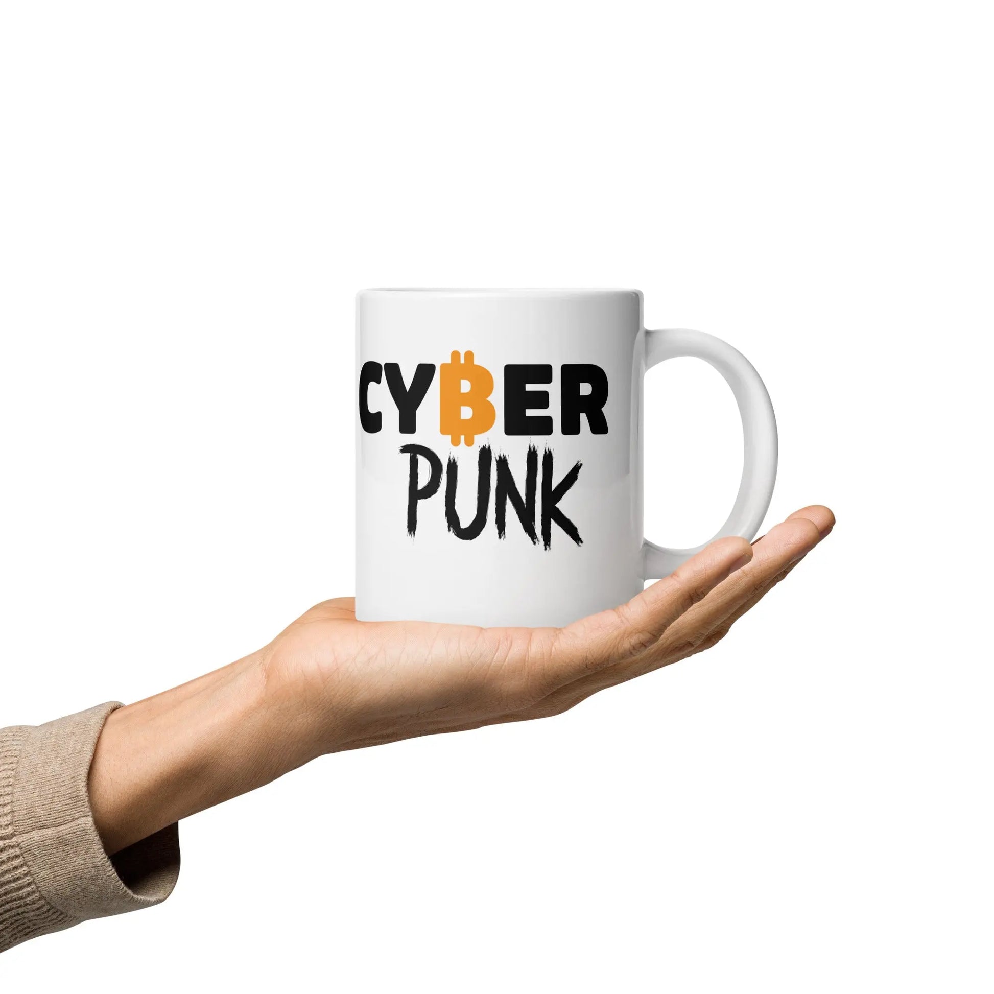 bitcoin mug - cyber punk design - hold on hand