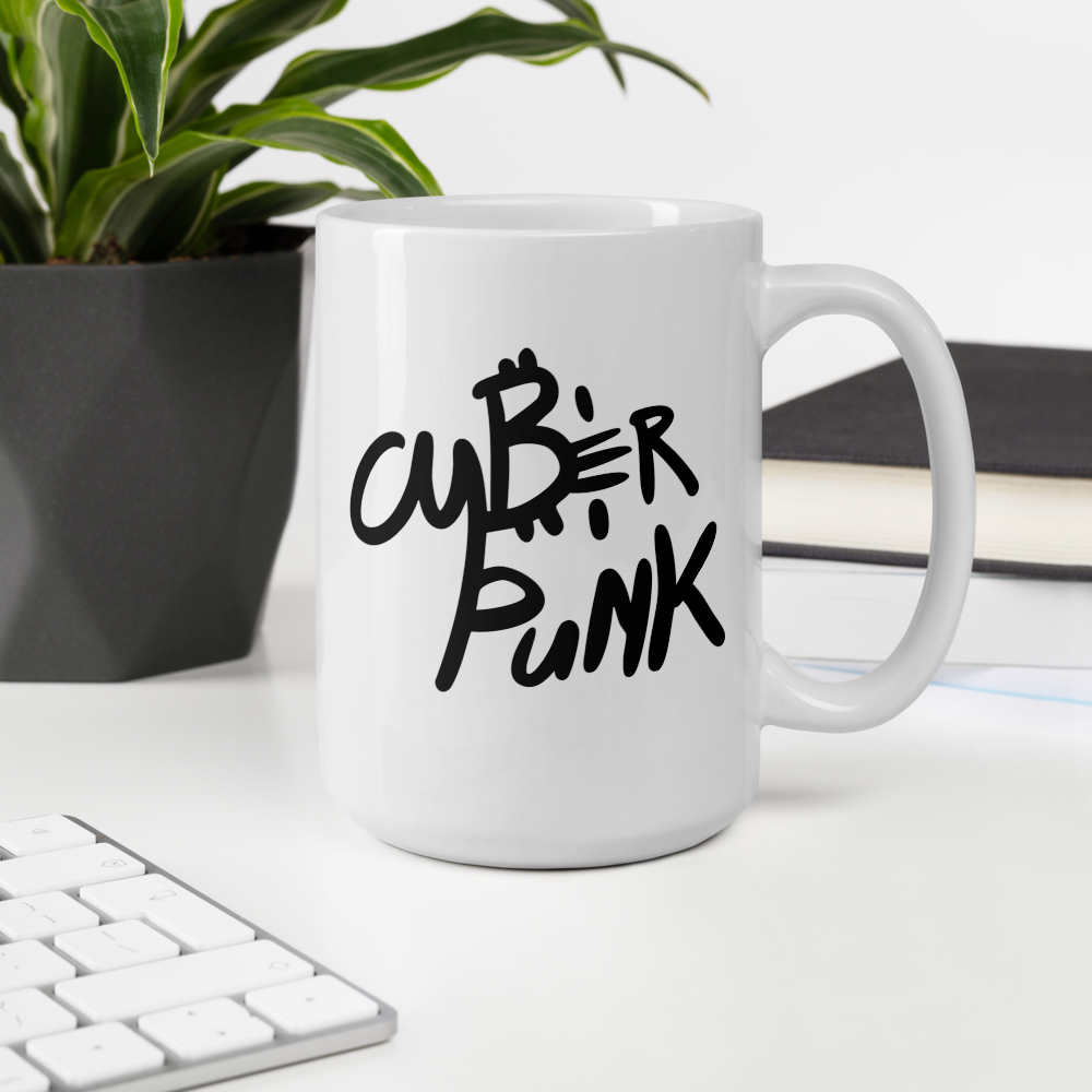 bitcoin mug - cyber punk - at office desk