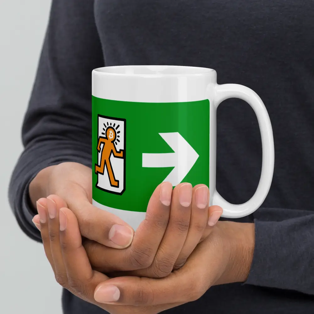 bitcoin mug - exit inflation - hold by 2 hands