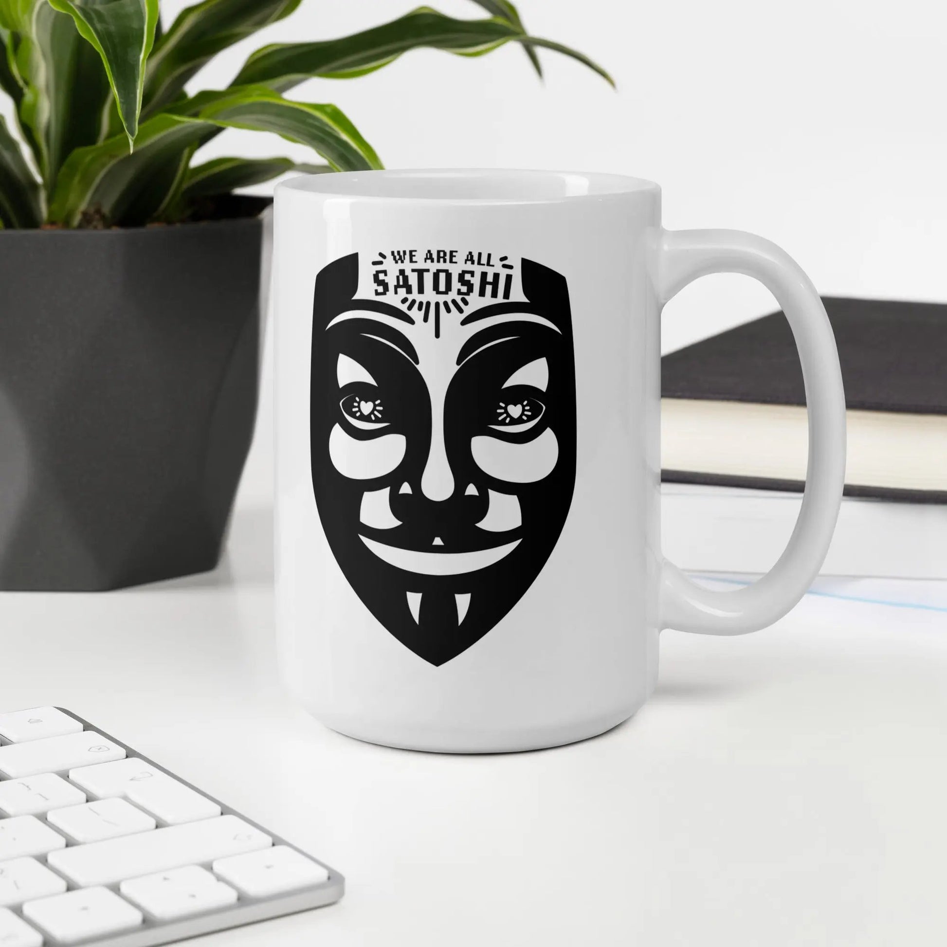 bitcoin mug - fawkes we are all satoshi - in office view