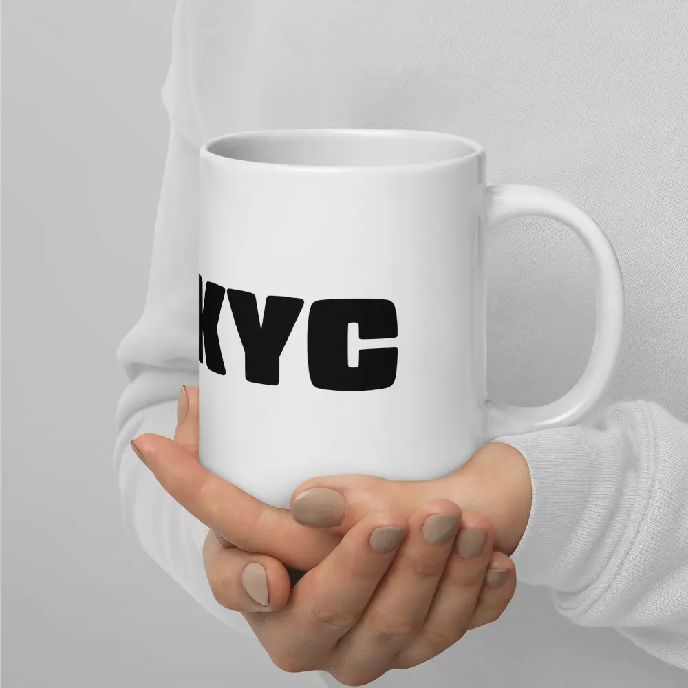 bitcoin mug - fuckyc - hold by 2 hands - 591ml