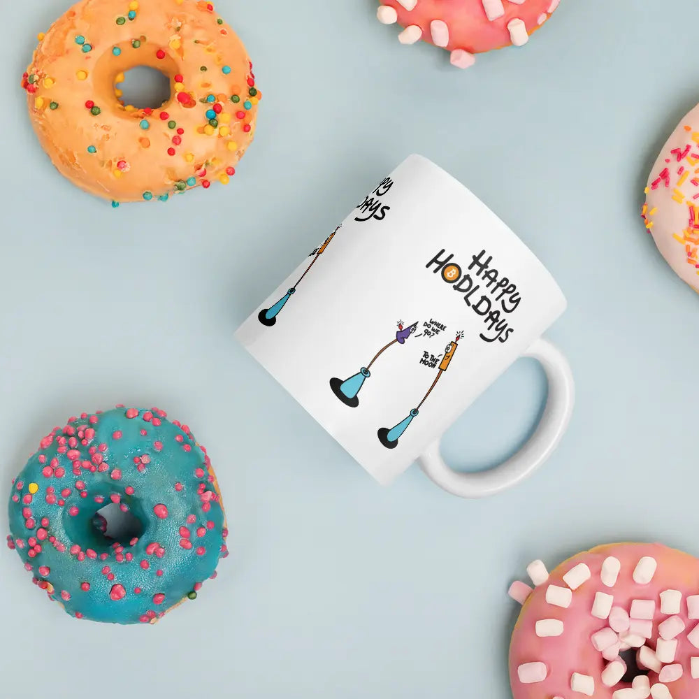 bitcoin mug - happy hodldays - in between donuts