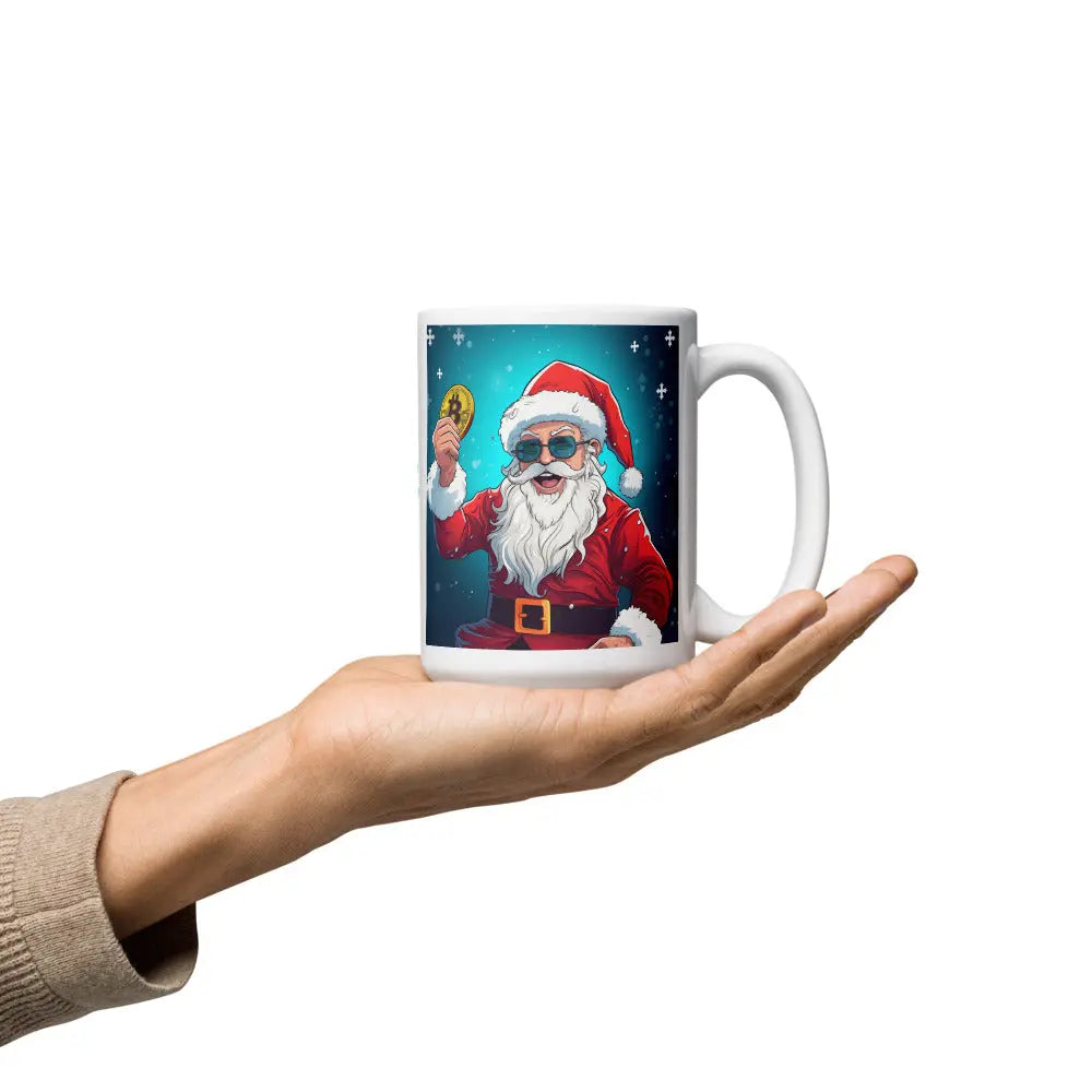 bitcoin mug - merry xmas happy santa design - hold on hand - 443ml