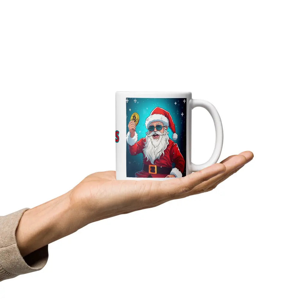 bitcoin mug - merry xmas happy santa design - hold on hand