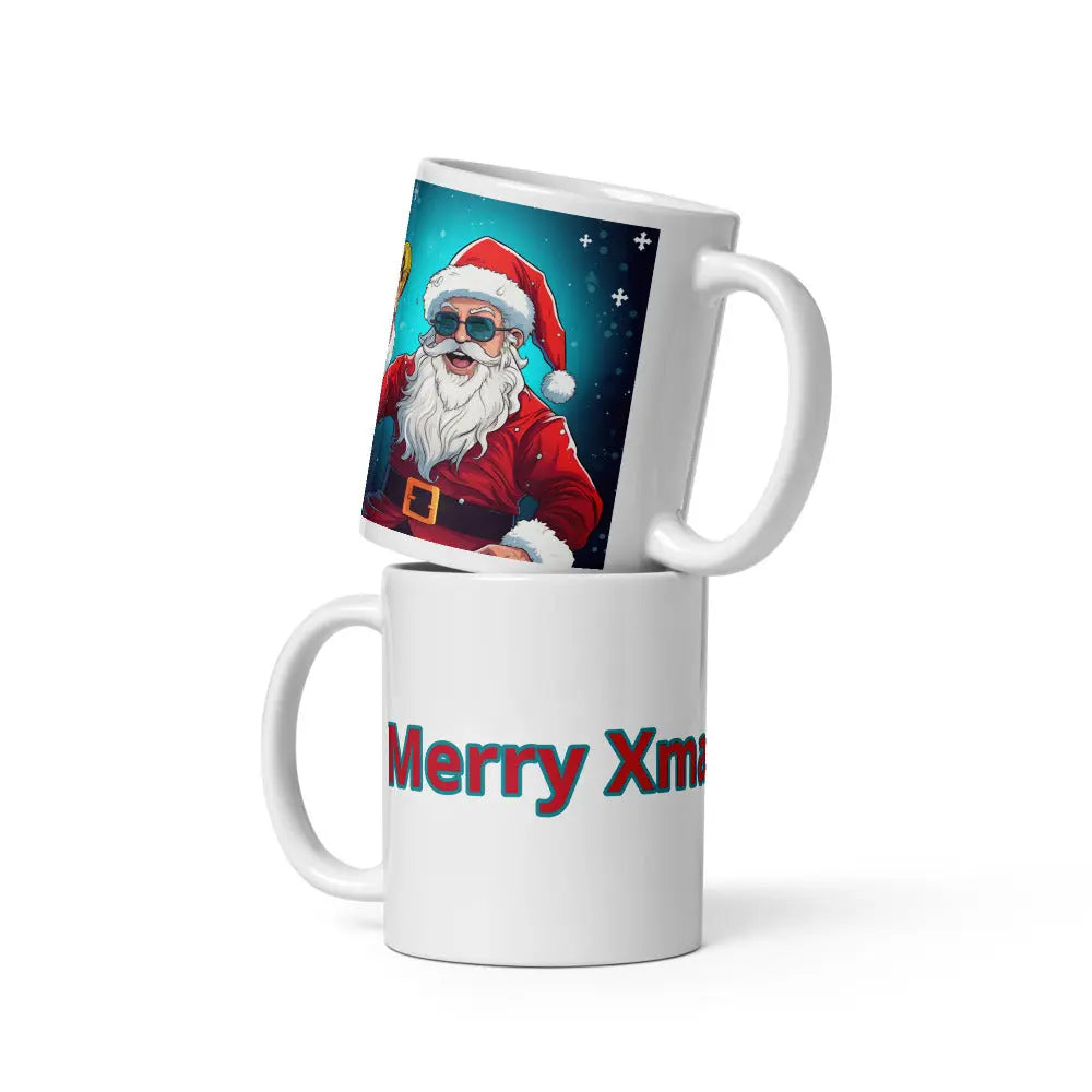 bitcoin mug - merry xmas happy santa design - 2 mugs stacked
