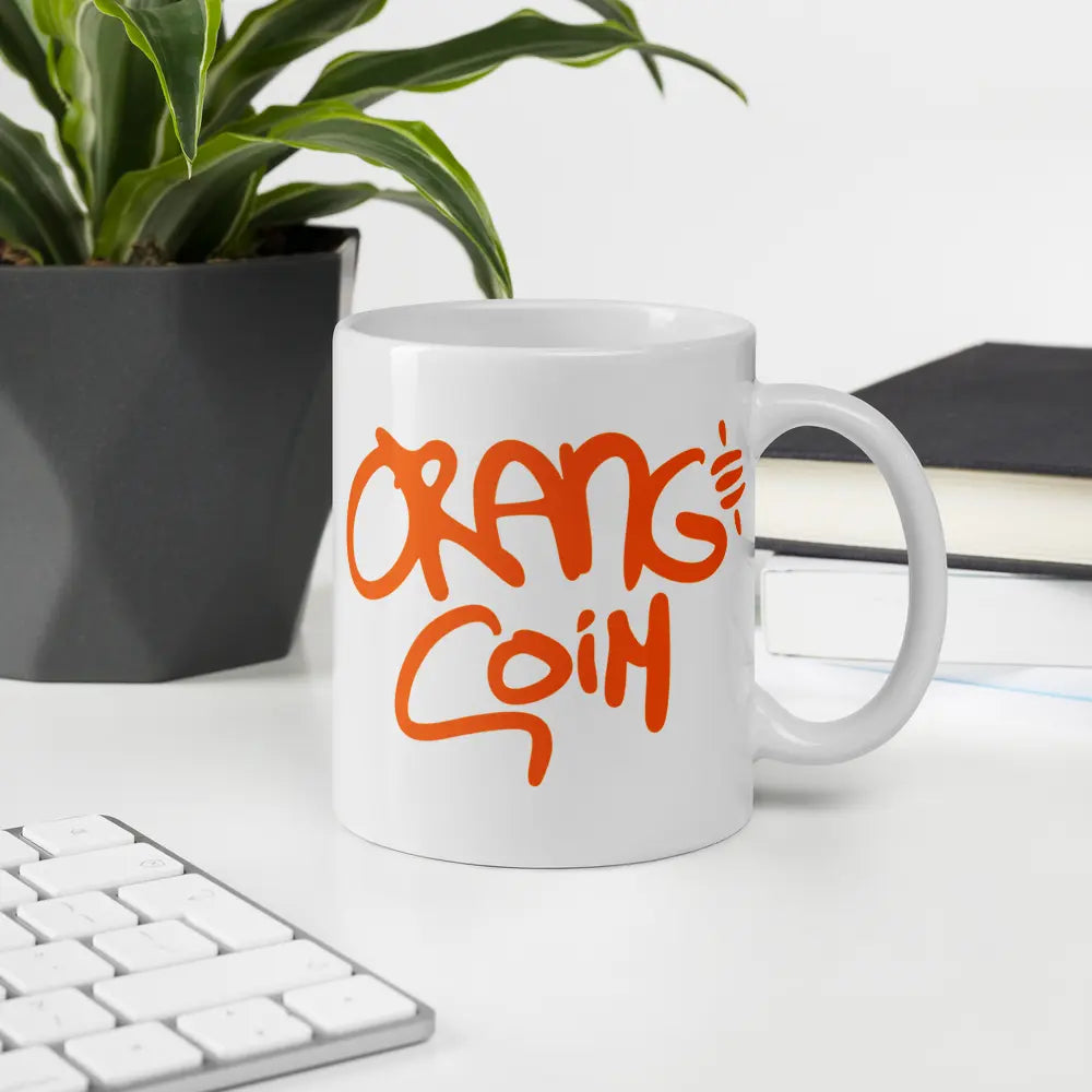 bitcoin mug - orange coin - in office