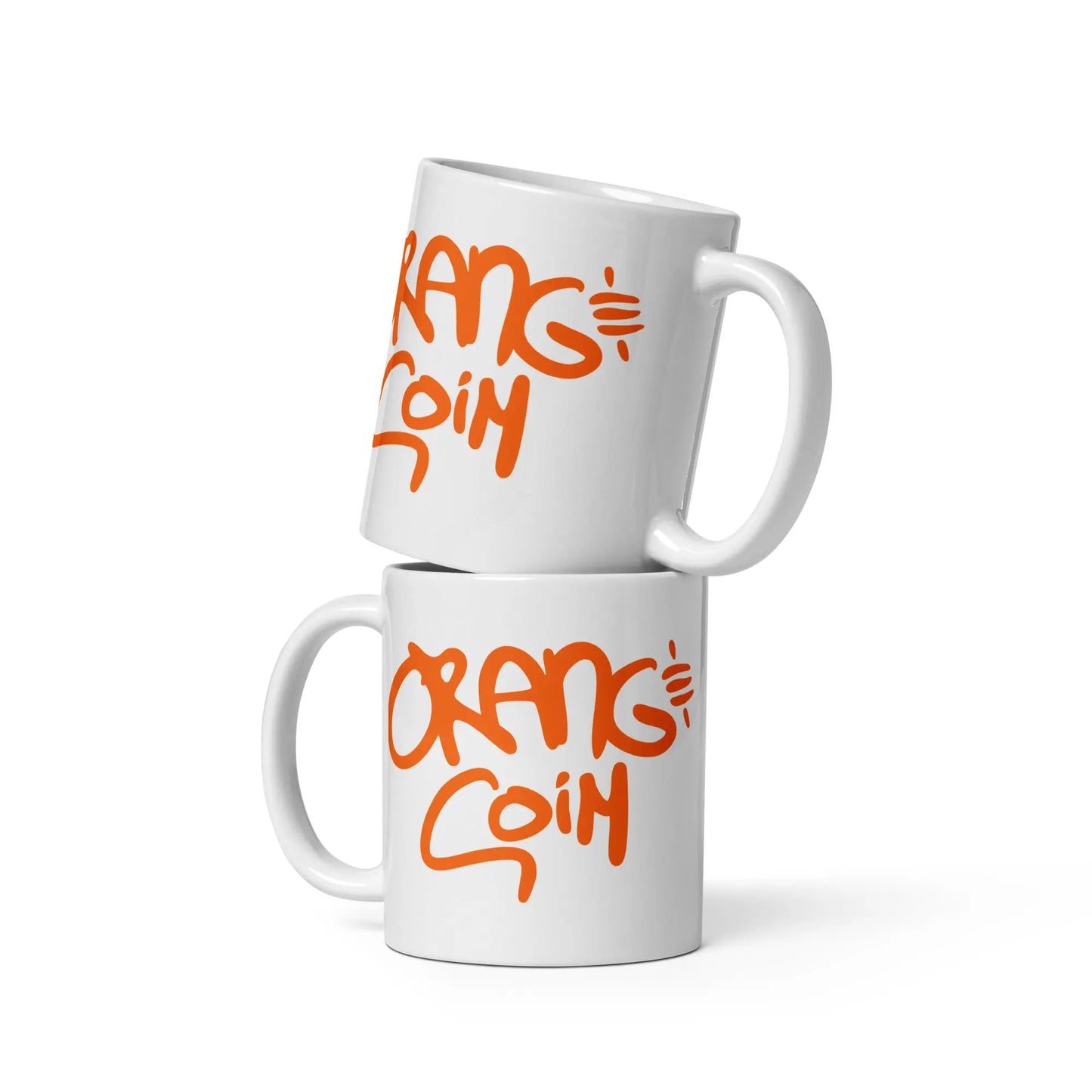 bitcoin mug - orange coin - two mugs stacked - 325 ml