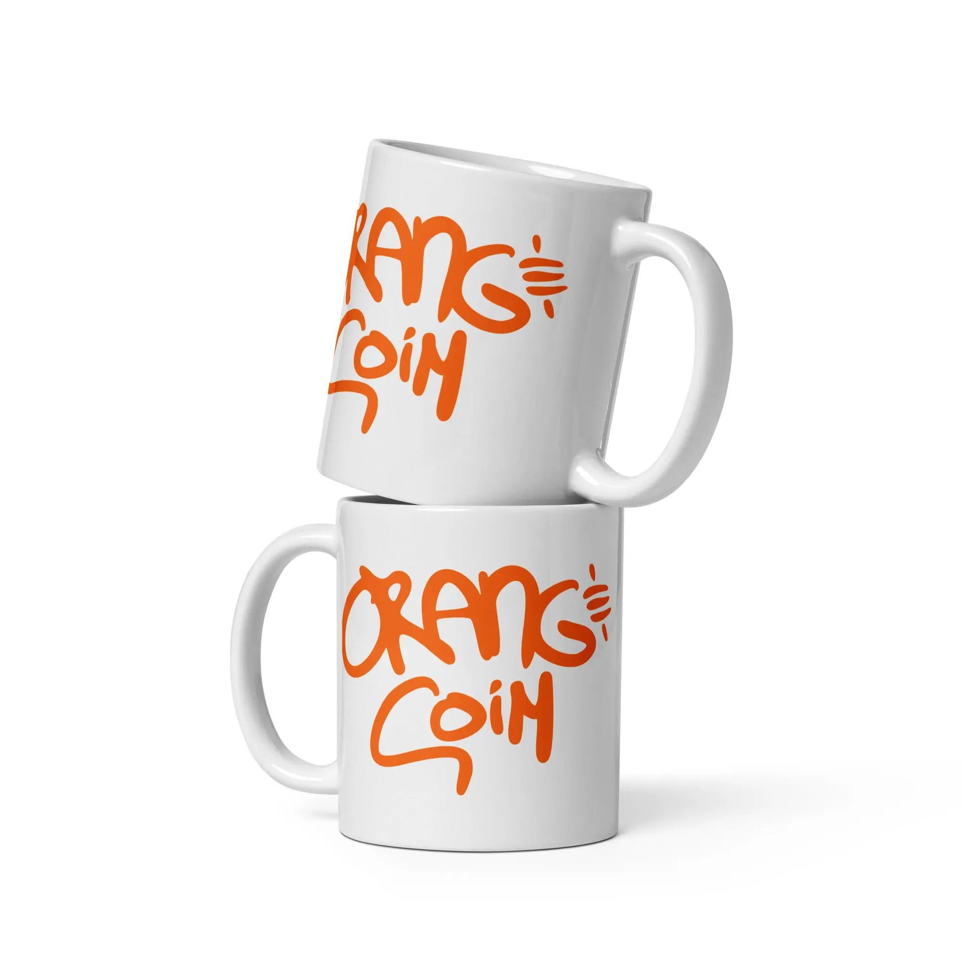 bitcoin mug - orange coin - two mugs stacked - 325 ml