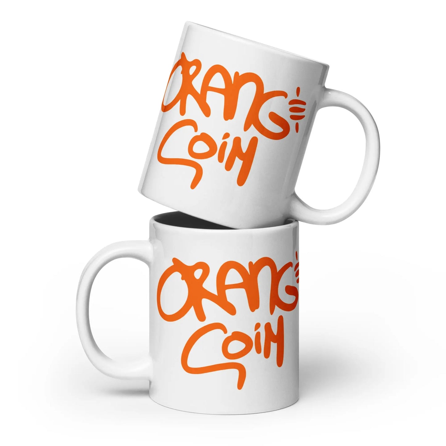 bitcoin mug - orange coin - two mugs stacked