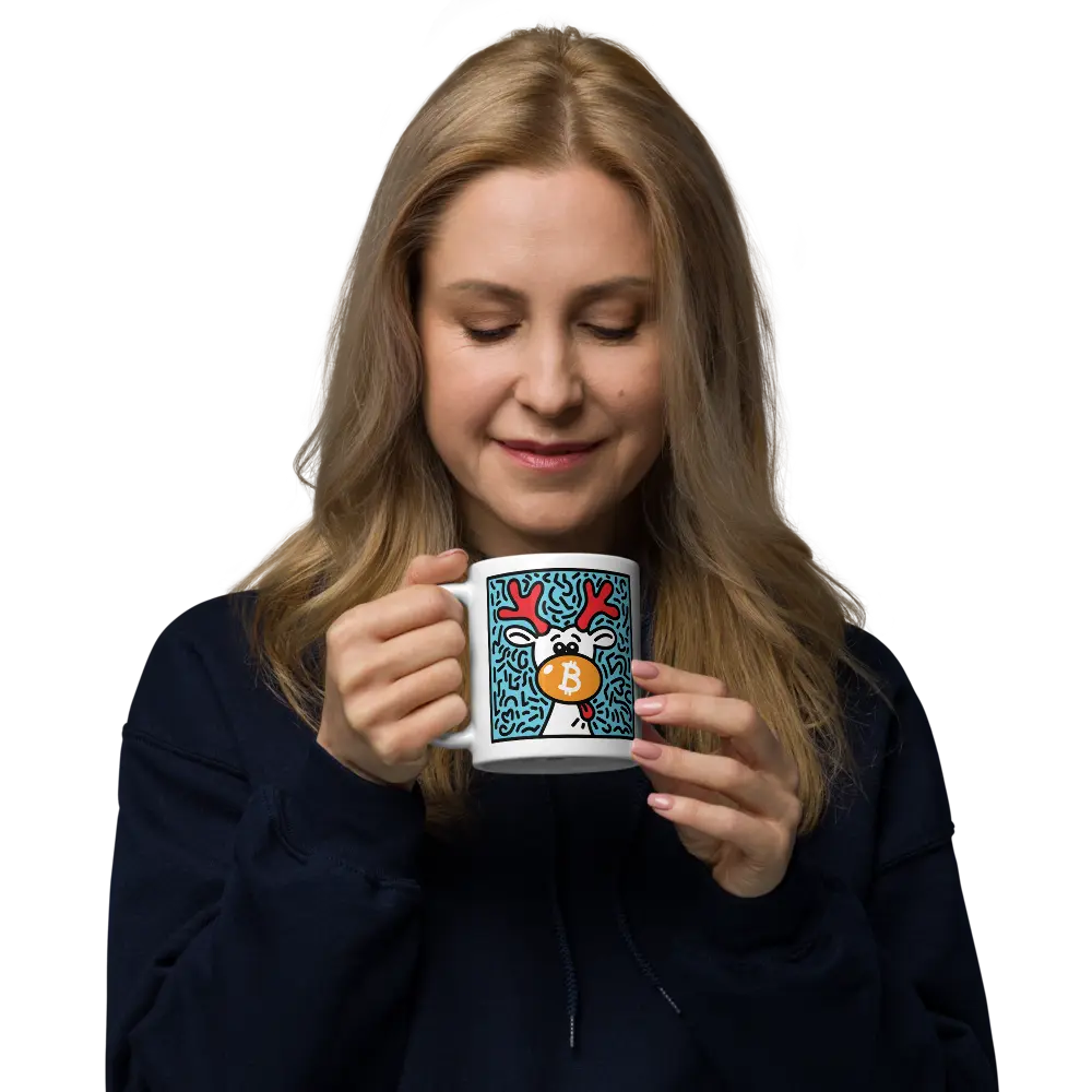 bitcoin mug - orange nose reindeer - hold by model