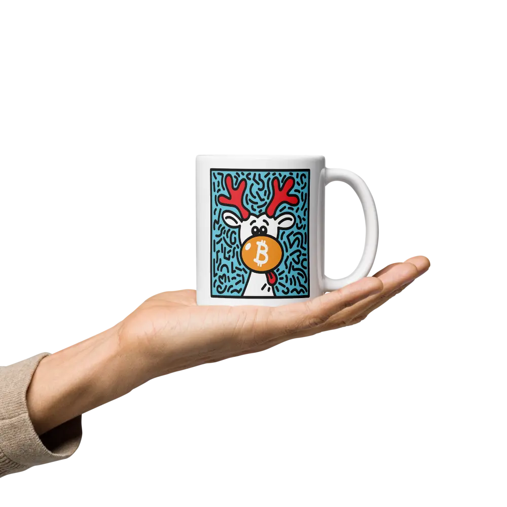 bitcoin mug - orange nose reindeer - hold on hand - 325ml
