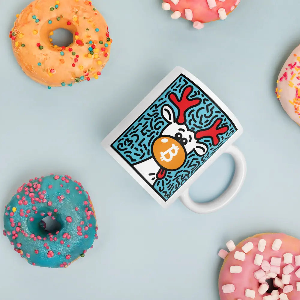bitcoin mug - orange nose reindeer - lifestyle - in between donuts
