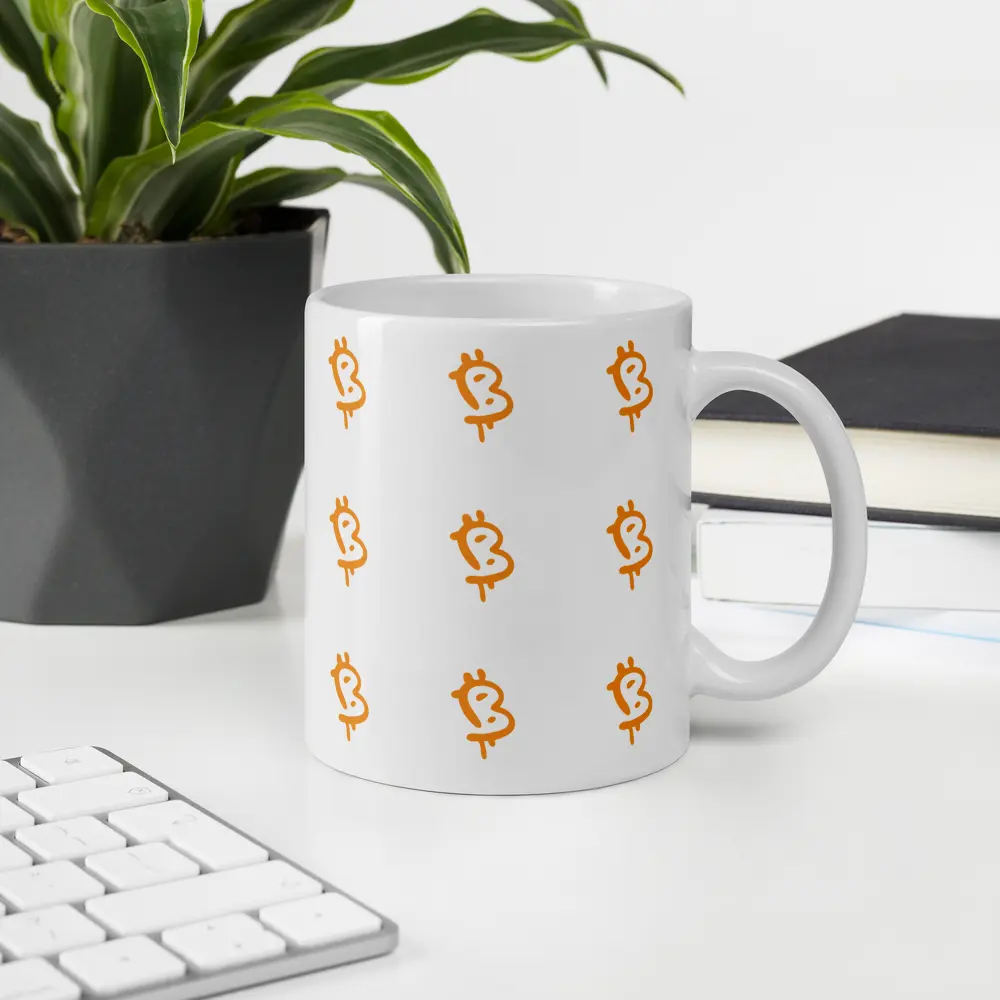 bitcoin mug - painted style bitcoin - at office desk