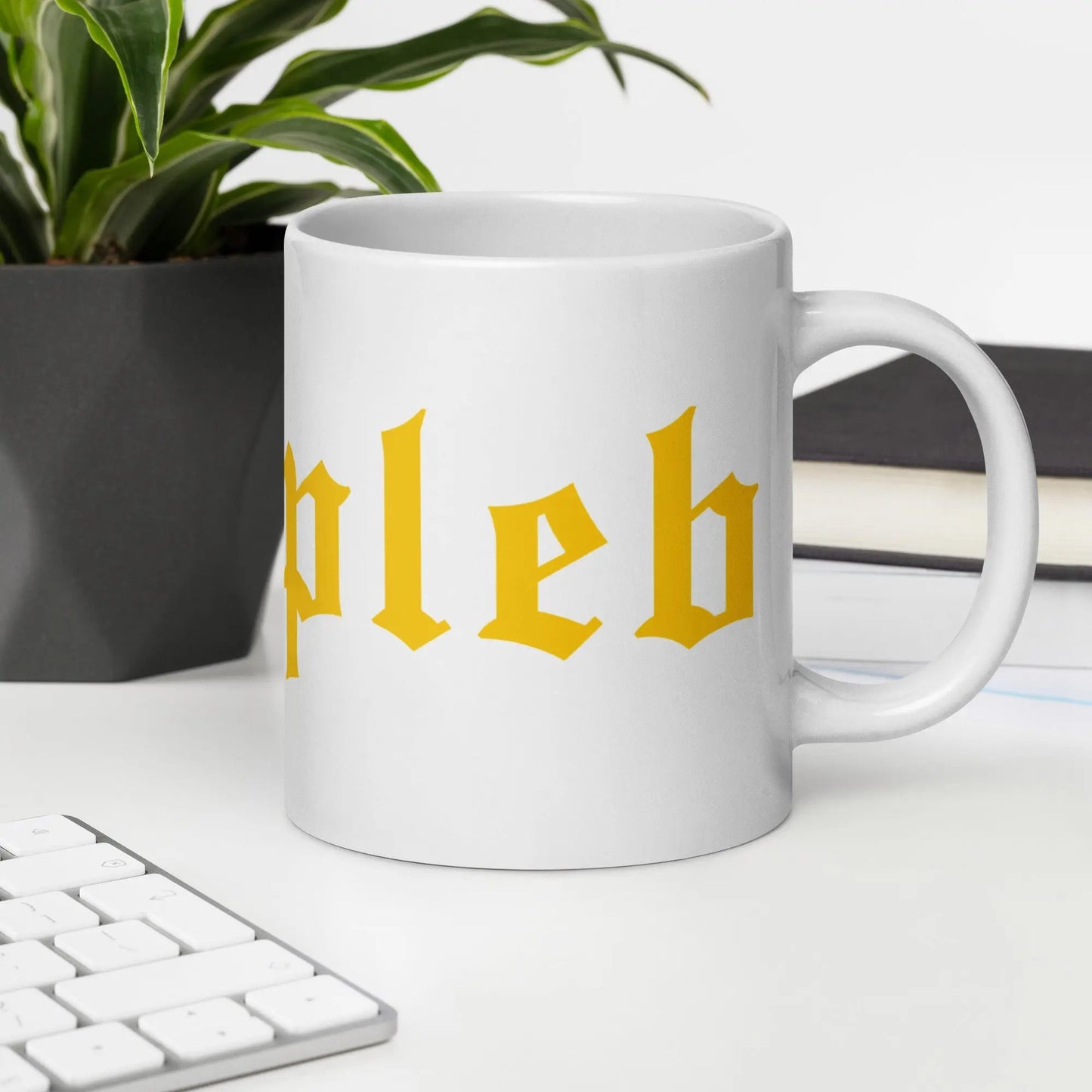 bitcoin mug - pleb gold color - in office view