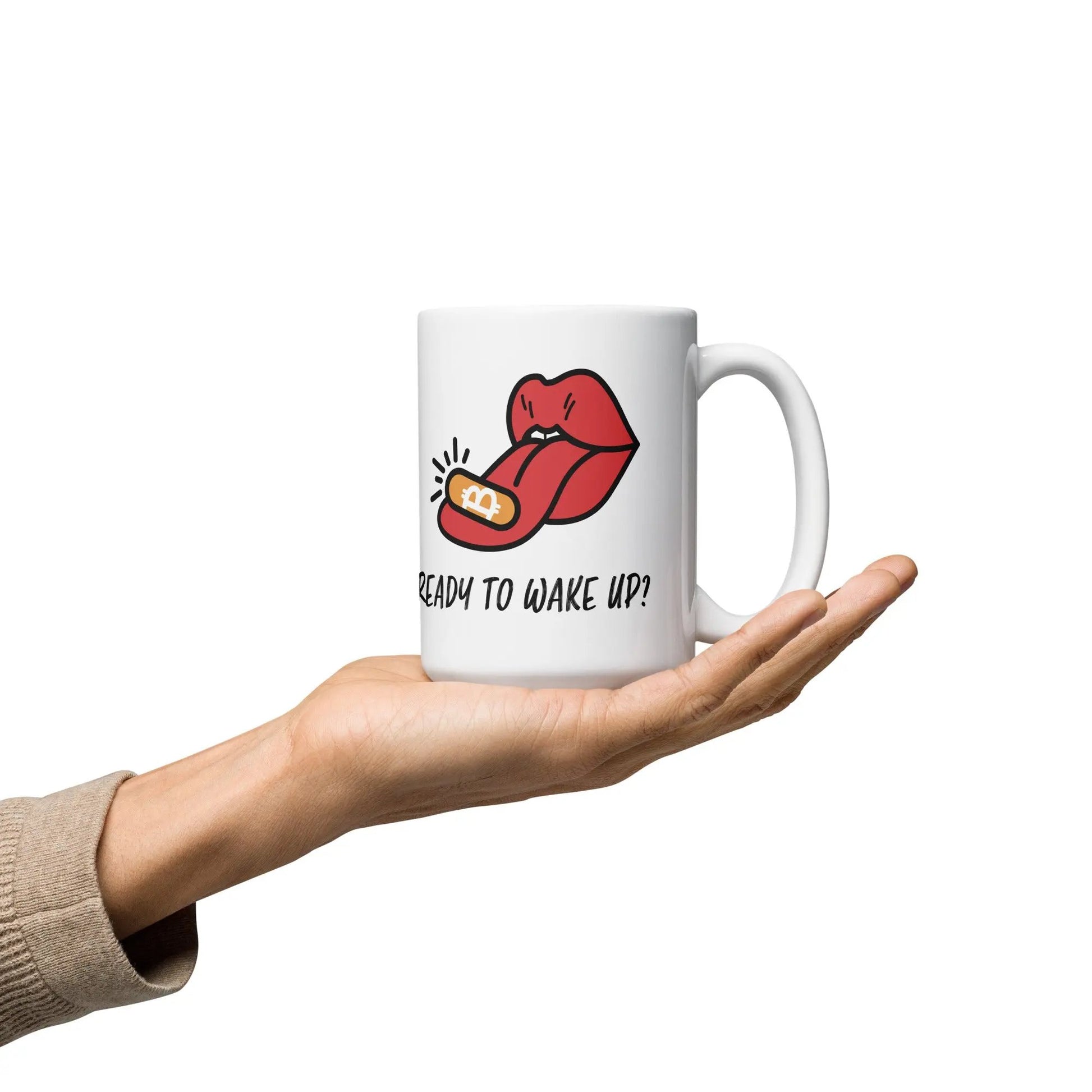 bitcoin mug - ready to wake up - hold on hand - 443ml
