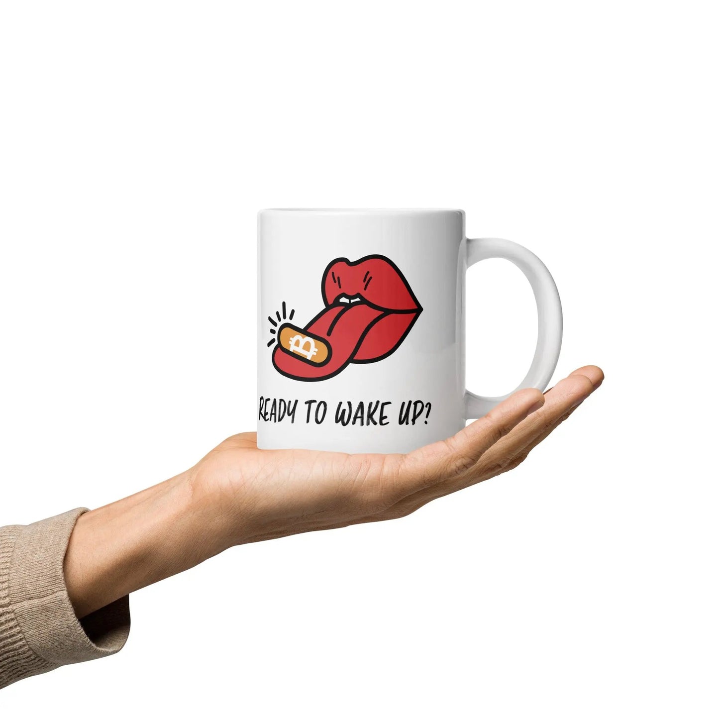 bitcoin mug - ready to wake up - hold on hand