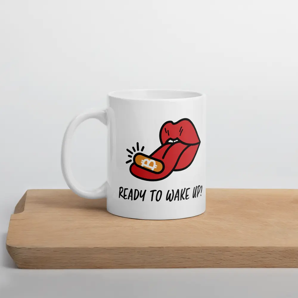 bitcoin mug - ready to wake up - lifestyle - desk setup - 325ml