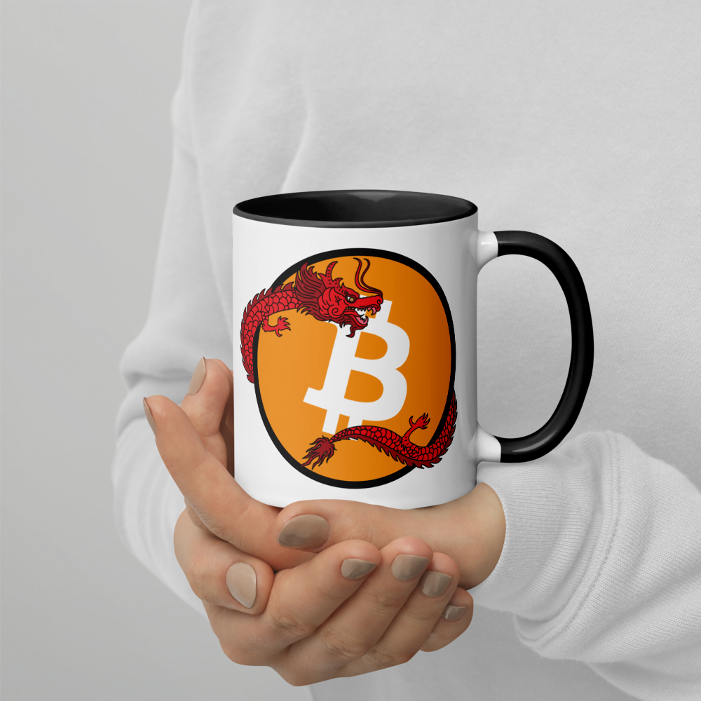 bitcoin mug - red dragon design - hold on hand