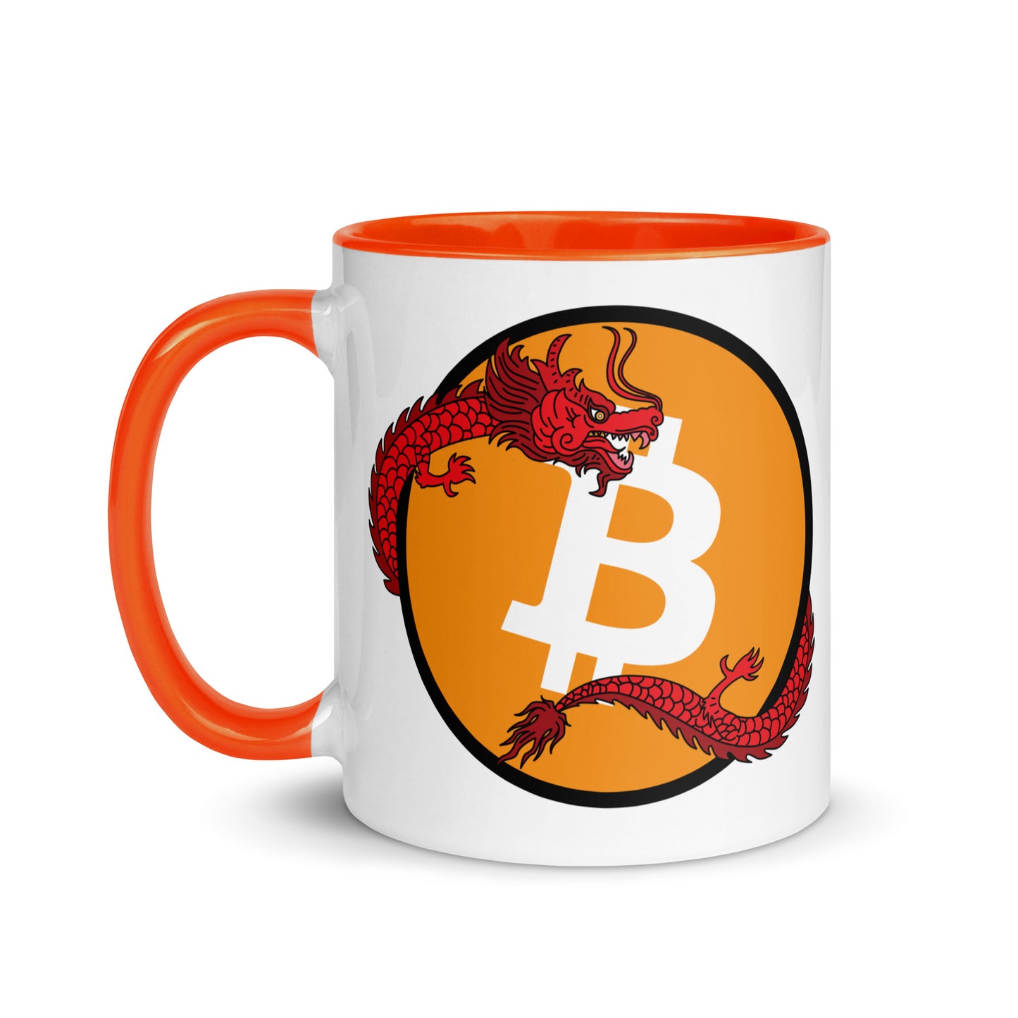 bitcoin mug - red dragon design - left side view - orange handle