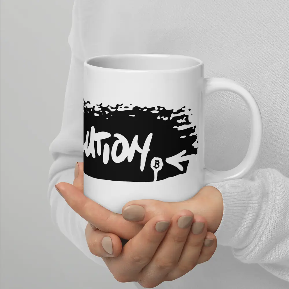 bitcoin mug - revolution black - close-up