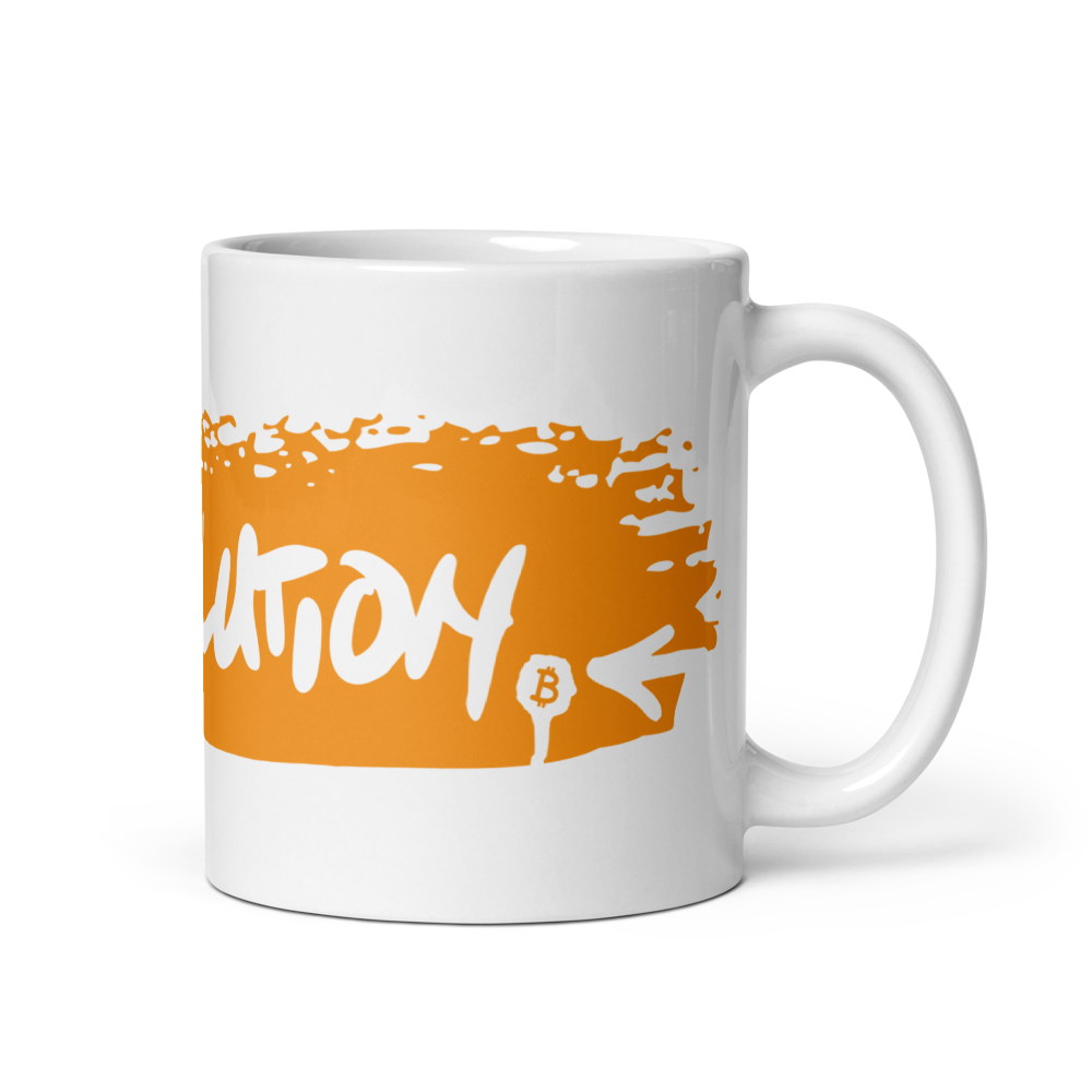bitcoin mug - revolution orange - close-up