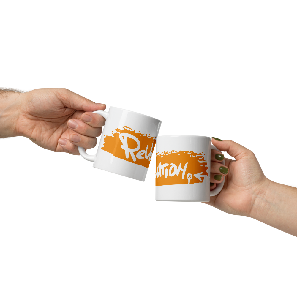 bitcoin mug - revolution orange - hold by two hands