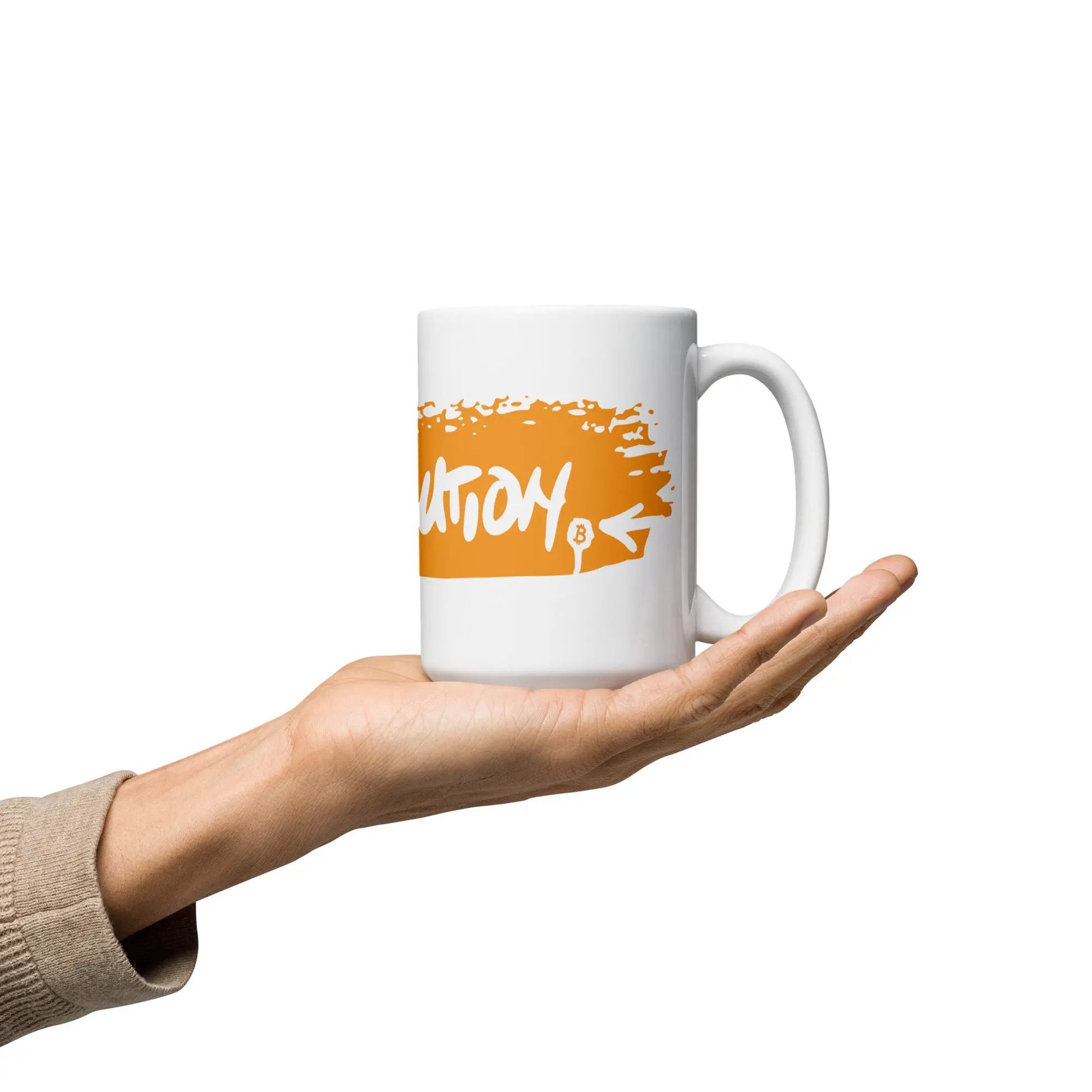 bitcoin mug - revolution orange - hold on hand - 443ml