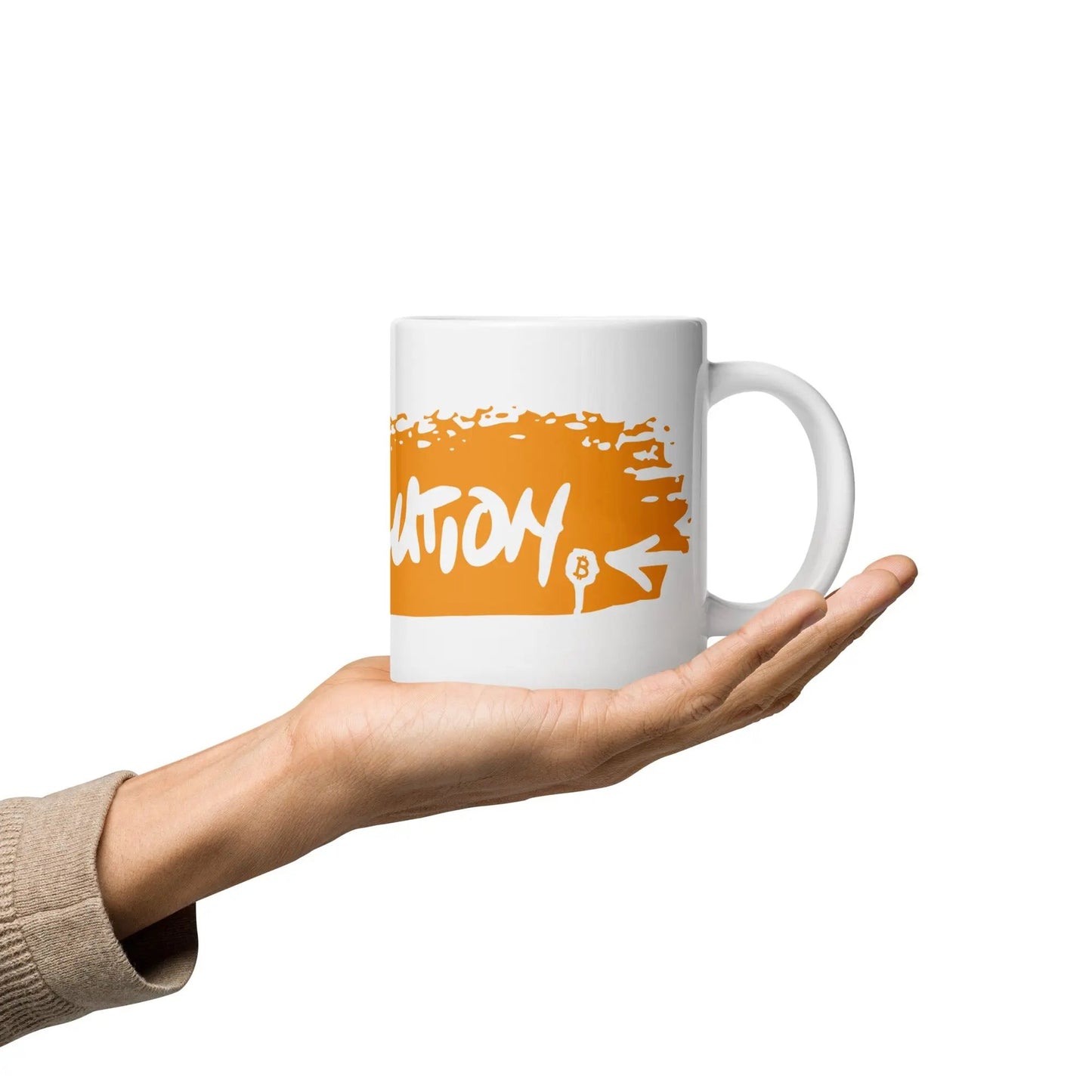 bitcoin mug - revolution orange - hold on hand