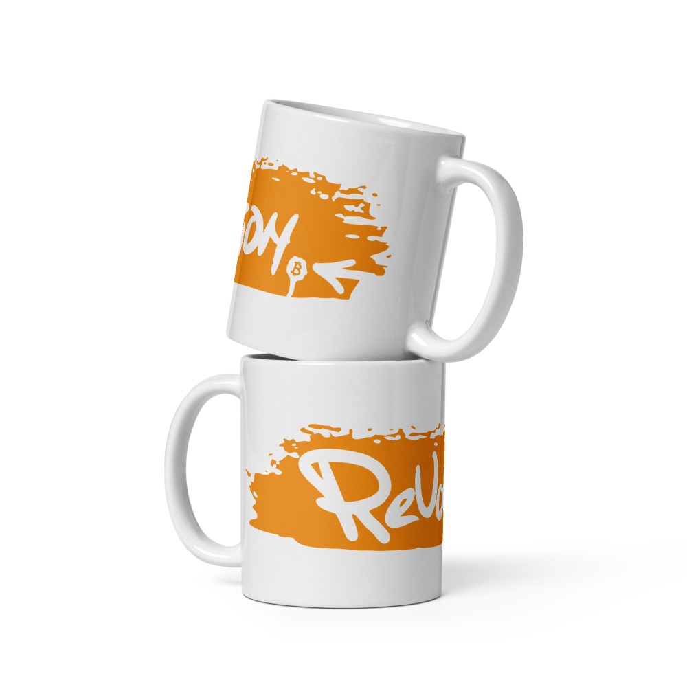 bitcoin mug - revolution orange - two mugs stacked