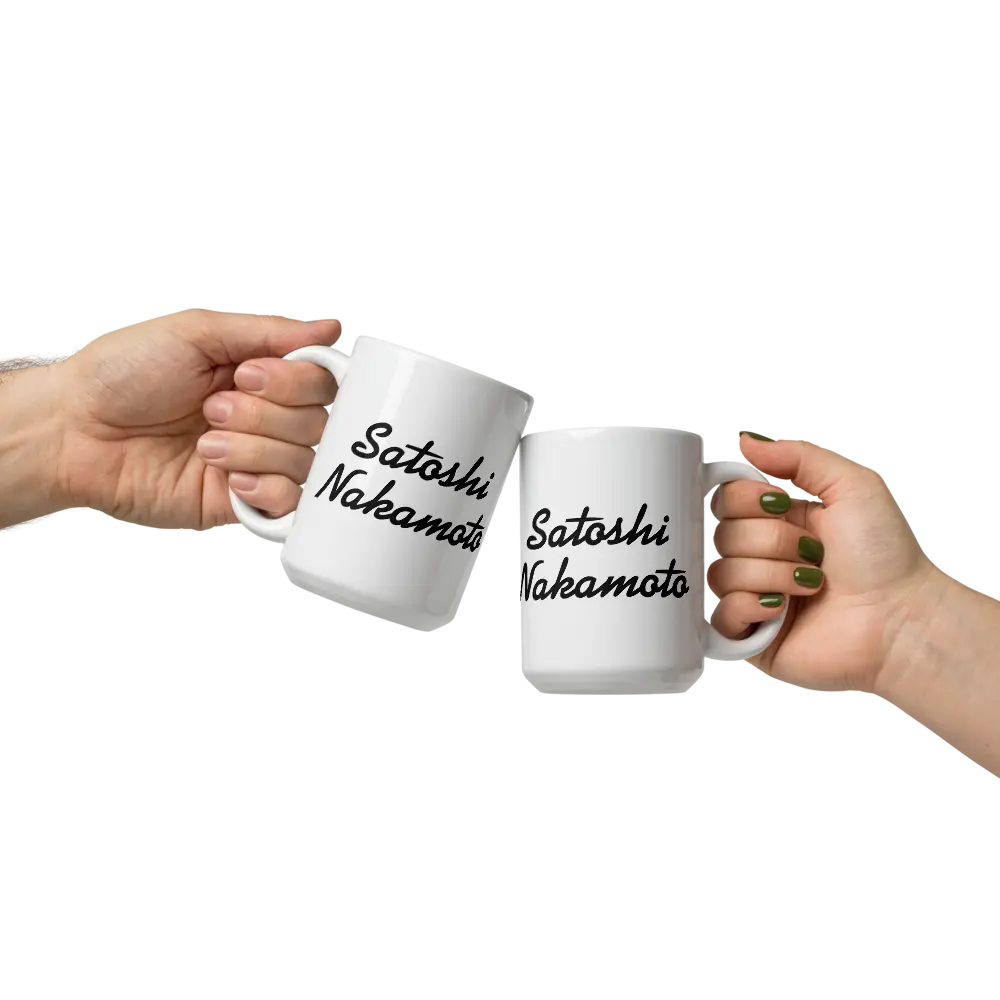 bitcoin mug - satoshi nakamoto - hold by 2 hands