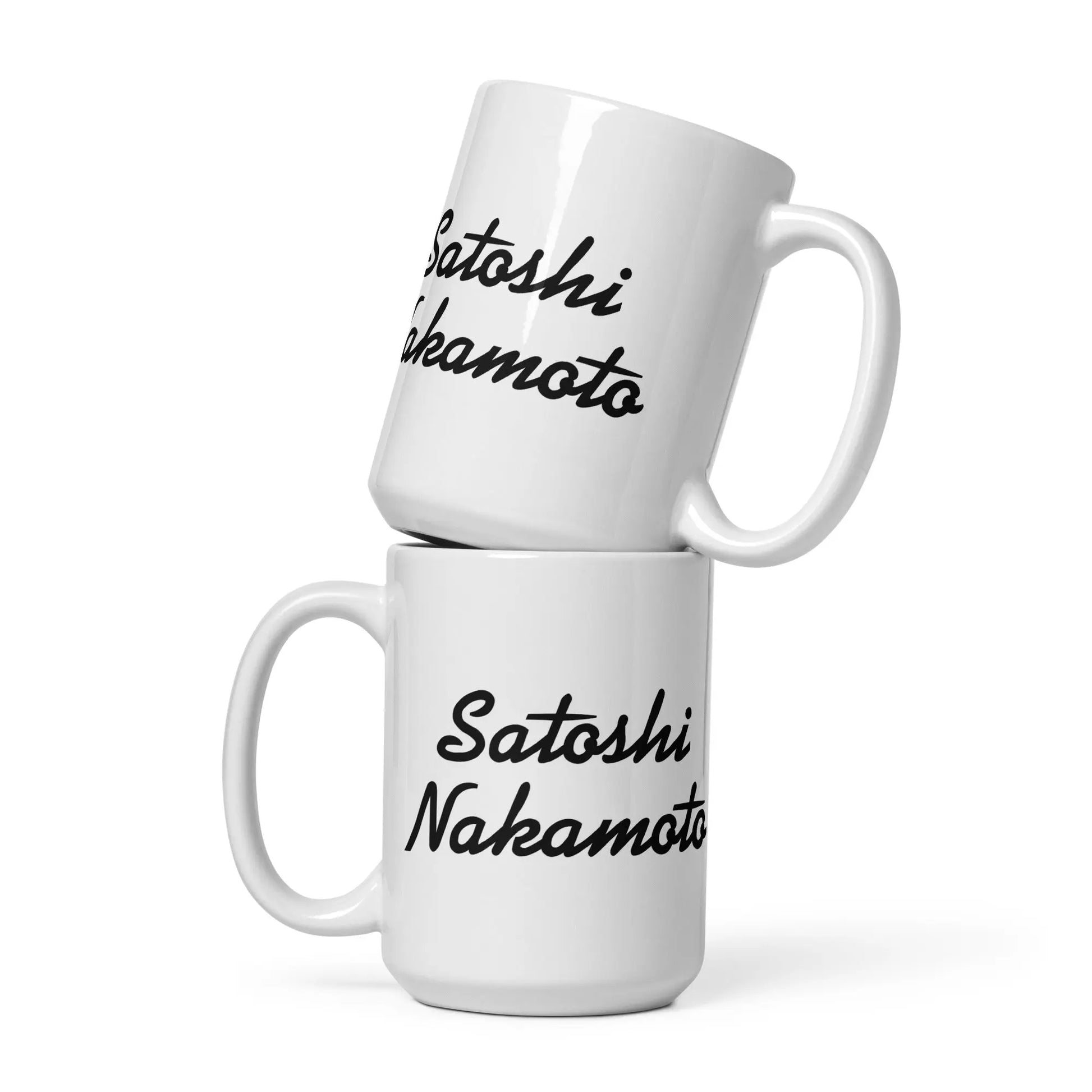 bitcoin mug - satoshi nakamoto - two mugs stacked - 443ml