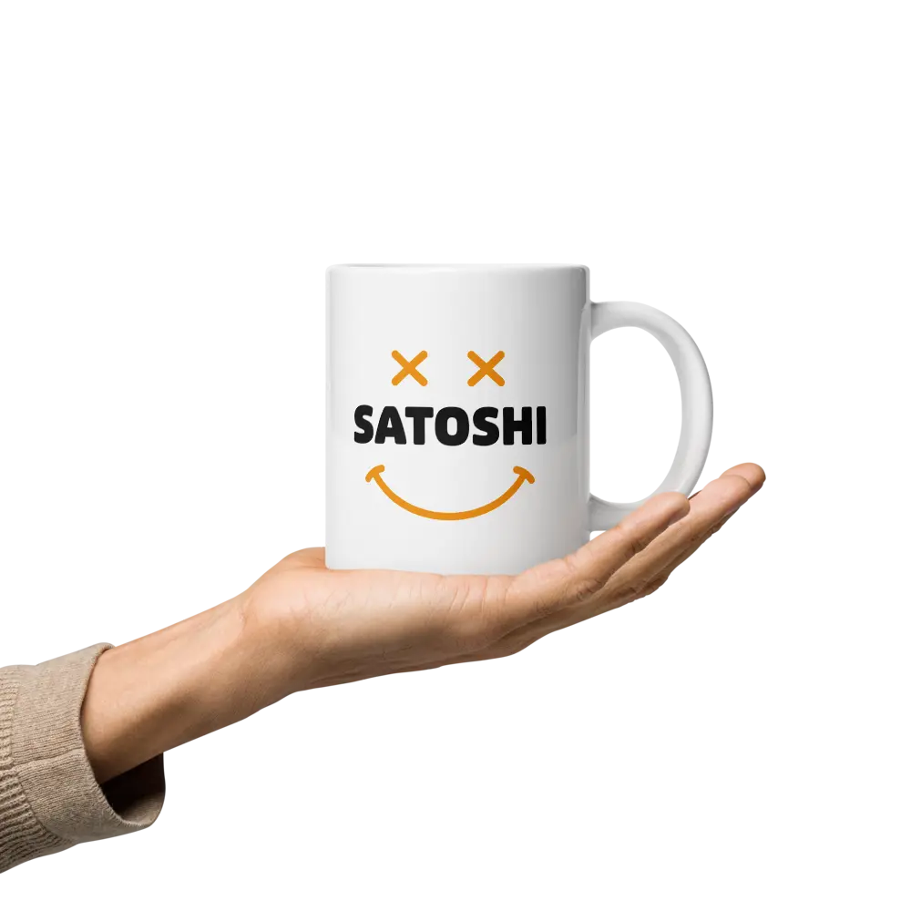 bitcoin mug - satoshi smiley design - hold on hand - 591ml