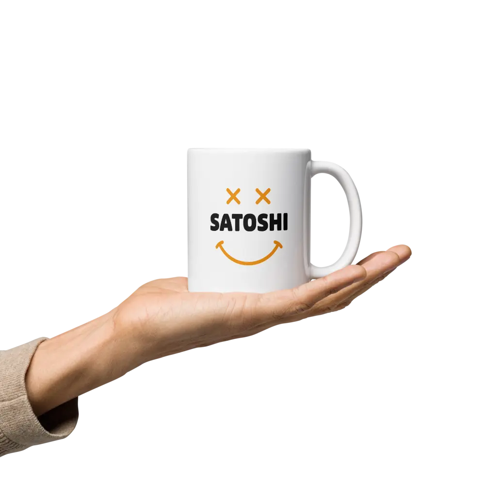 bitcoin mug - satoshi smiley design - hold on hand