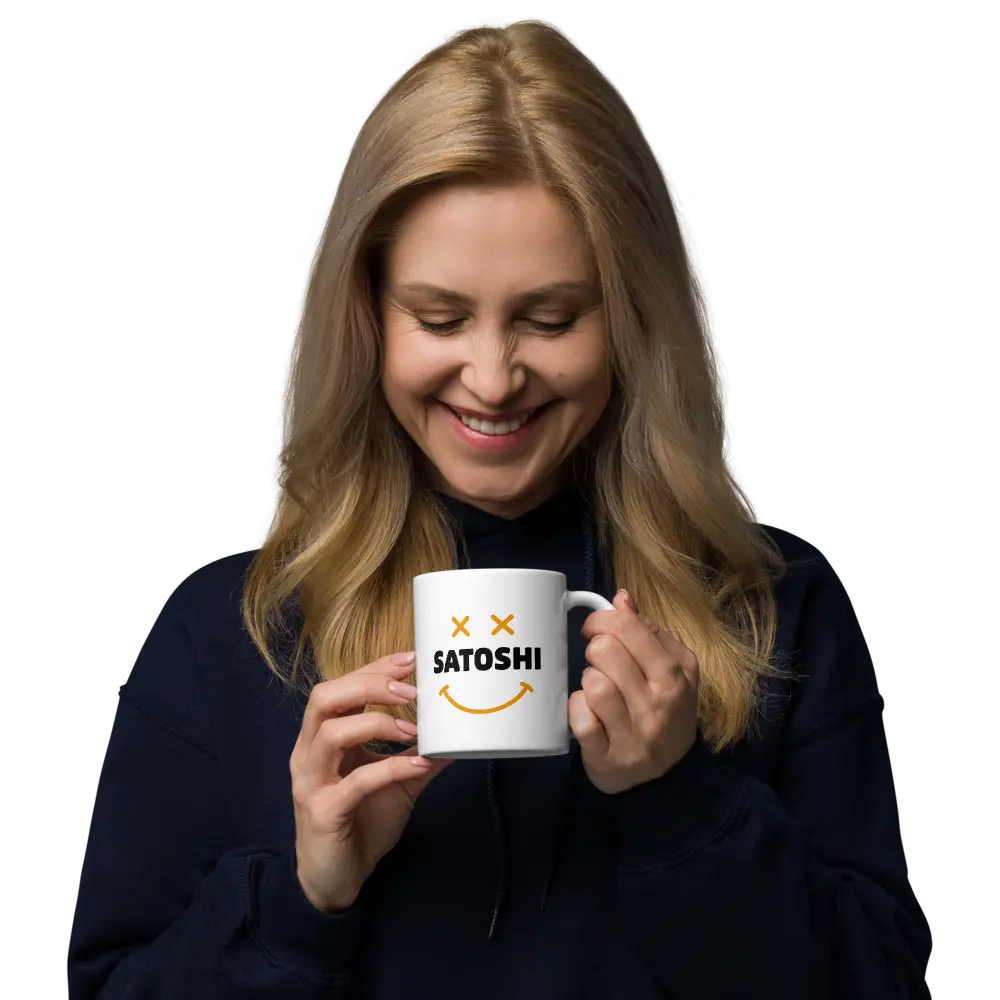 bitcoin mug - satoshi smiley design - model view