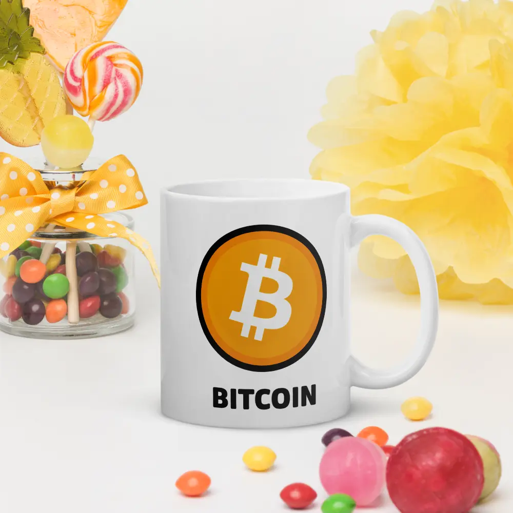 bitcoin mug - shitcoin or bitcoin - front view - surrounded by sweets