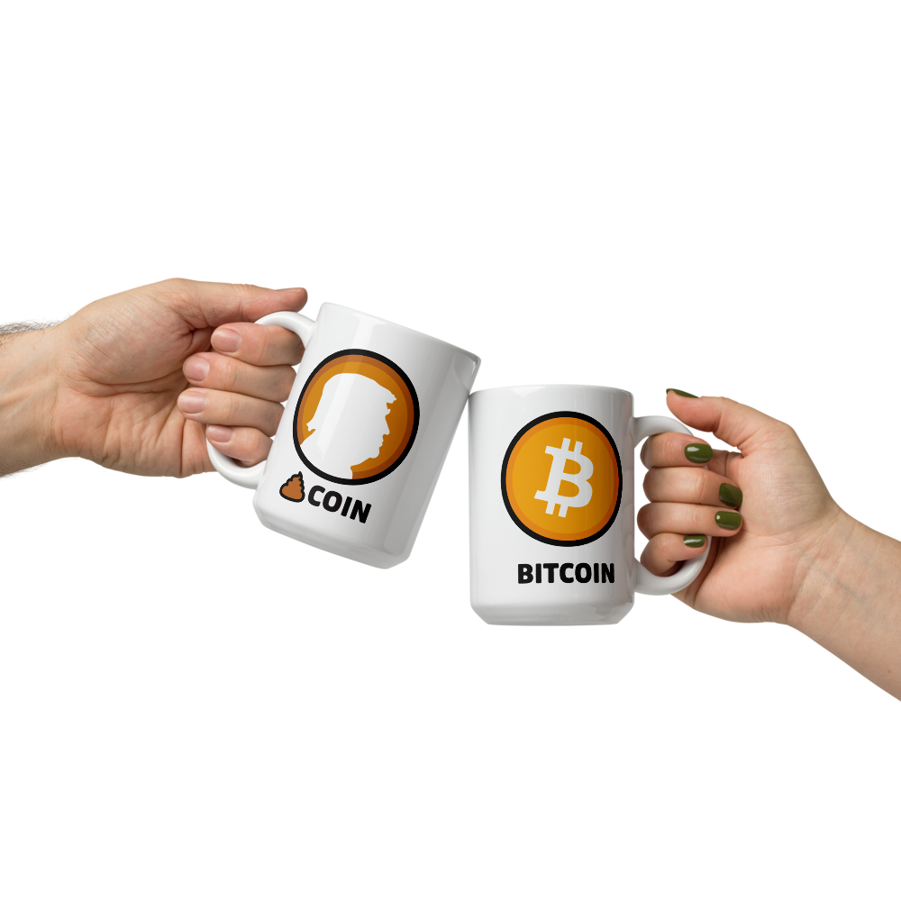 bitcoin mug - shitcoin or bitcoin - hold by 2 hands