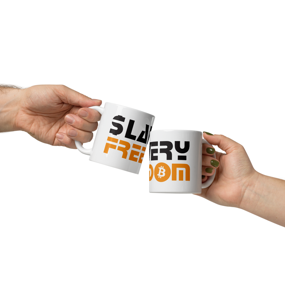 bitcoin mug - slavery freedom - hold by 2 hands