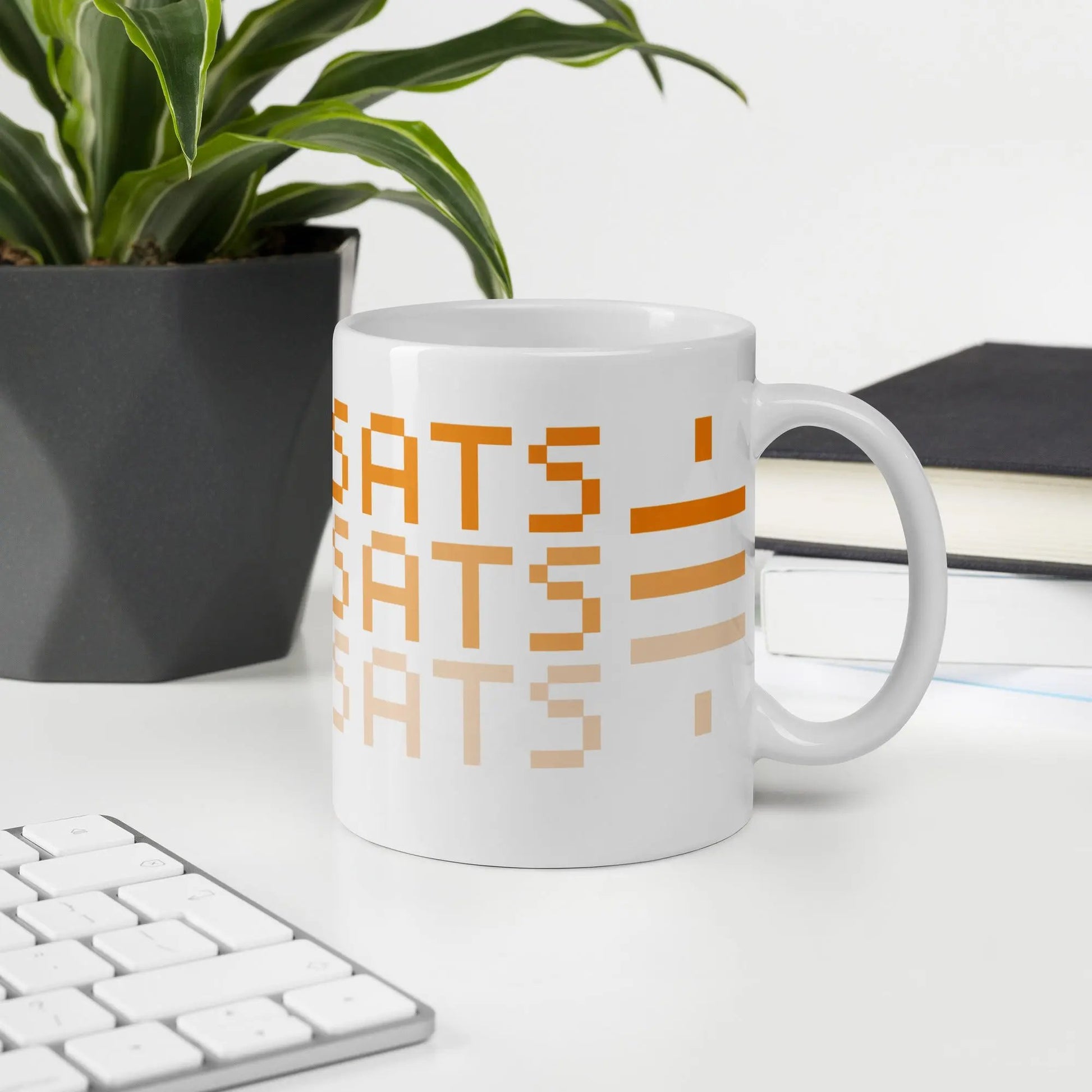 bitcoin mug - stack sats - front view - in office