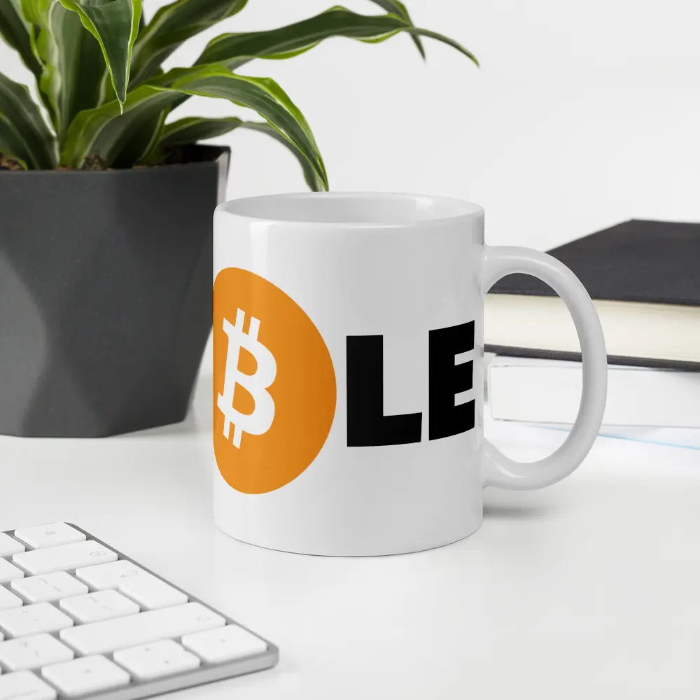 bitcoin mug - stay humble - at office desk