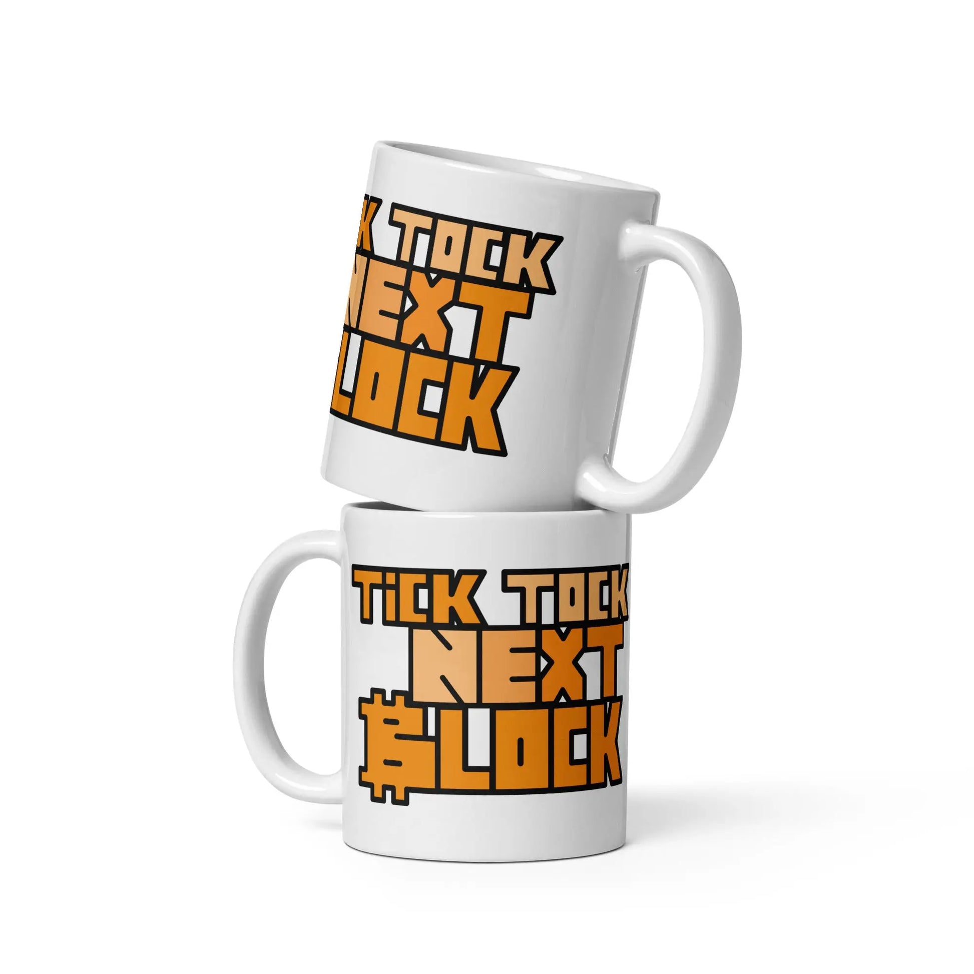 bitcoin mug - tick tock next block - two mugs stacked - 325 ml