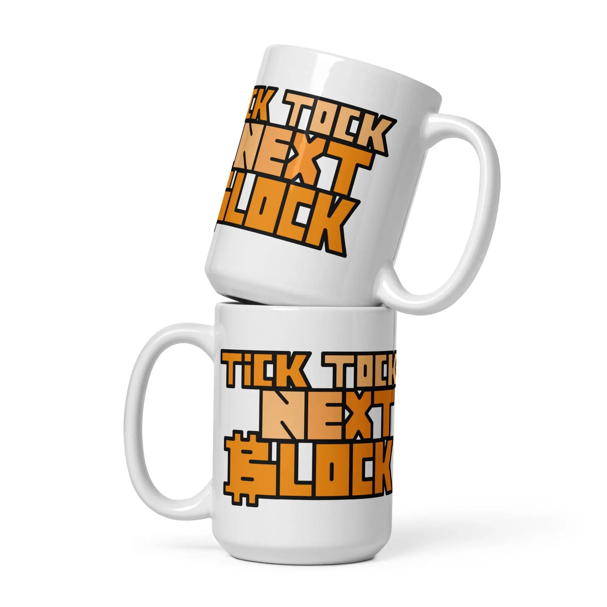 bitcoin mug - tick tock next block - two mugs stacked - 443 ml