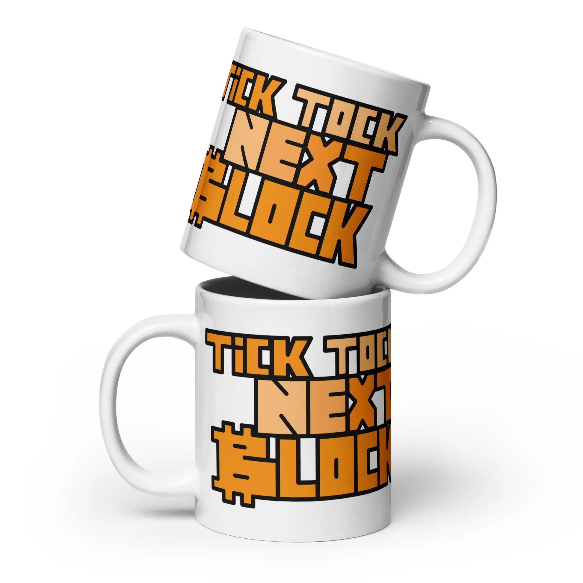 bitcoin mug - tick tock next block - two mugs stacked - 591 ml
