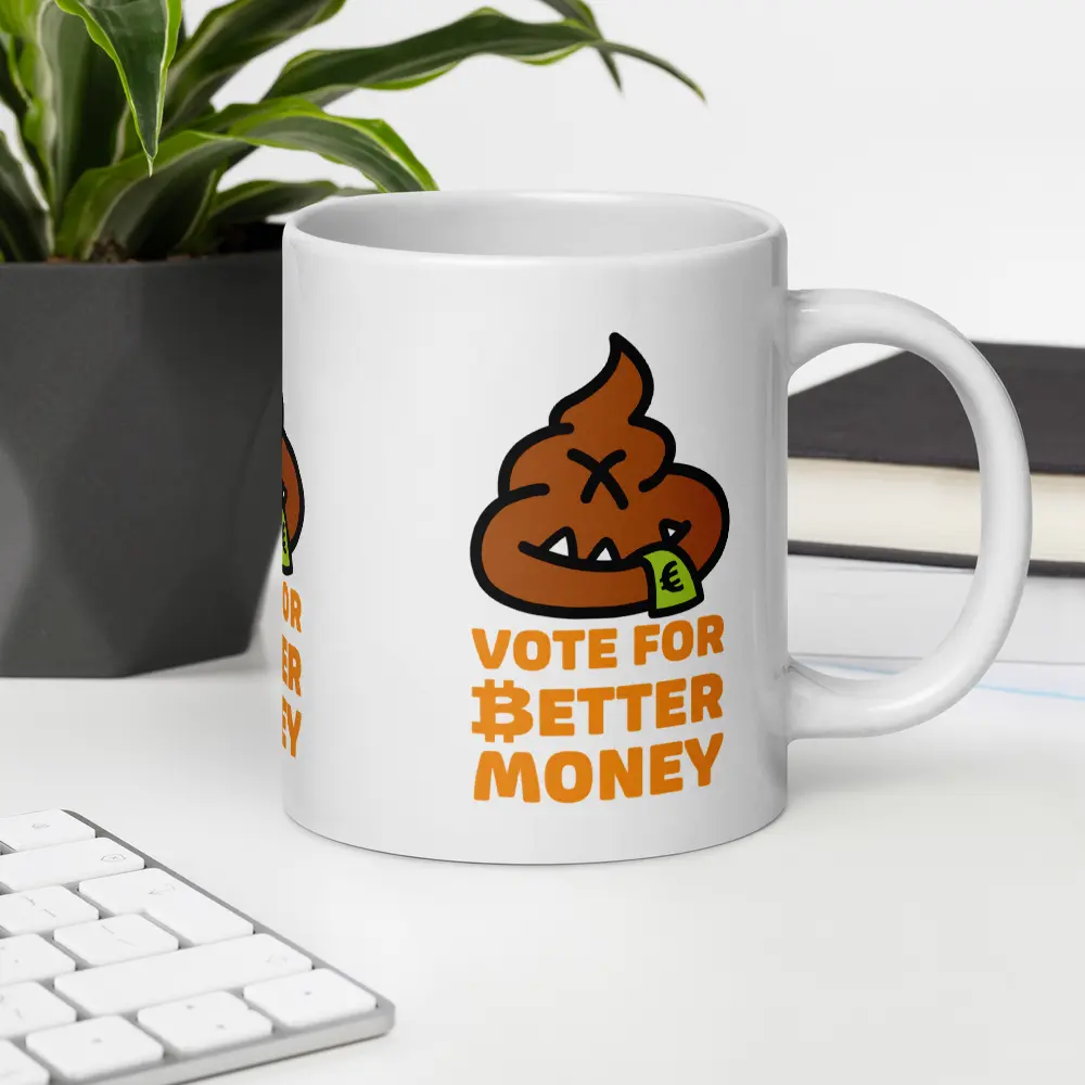 bitcoin mug - vote for better money eur - in office setting