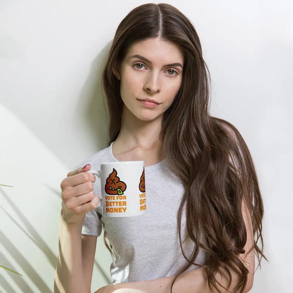 bitcoin mug - vote for better money - hold by female model - 325ml