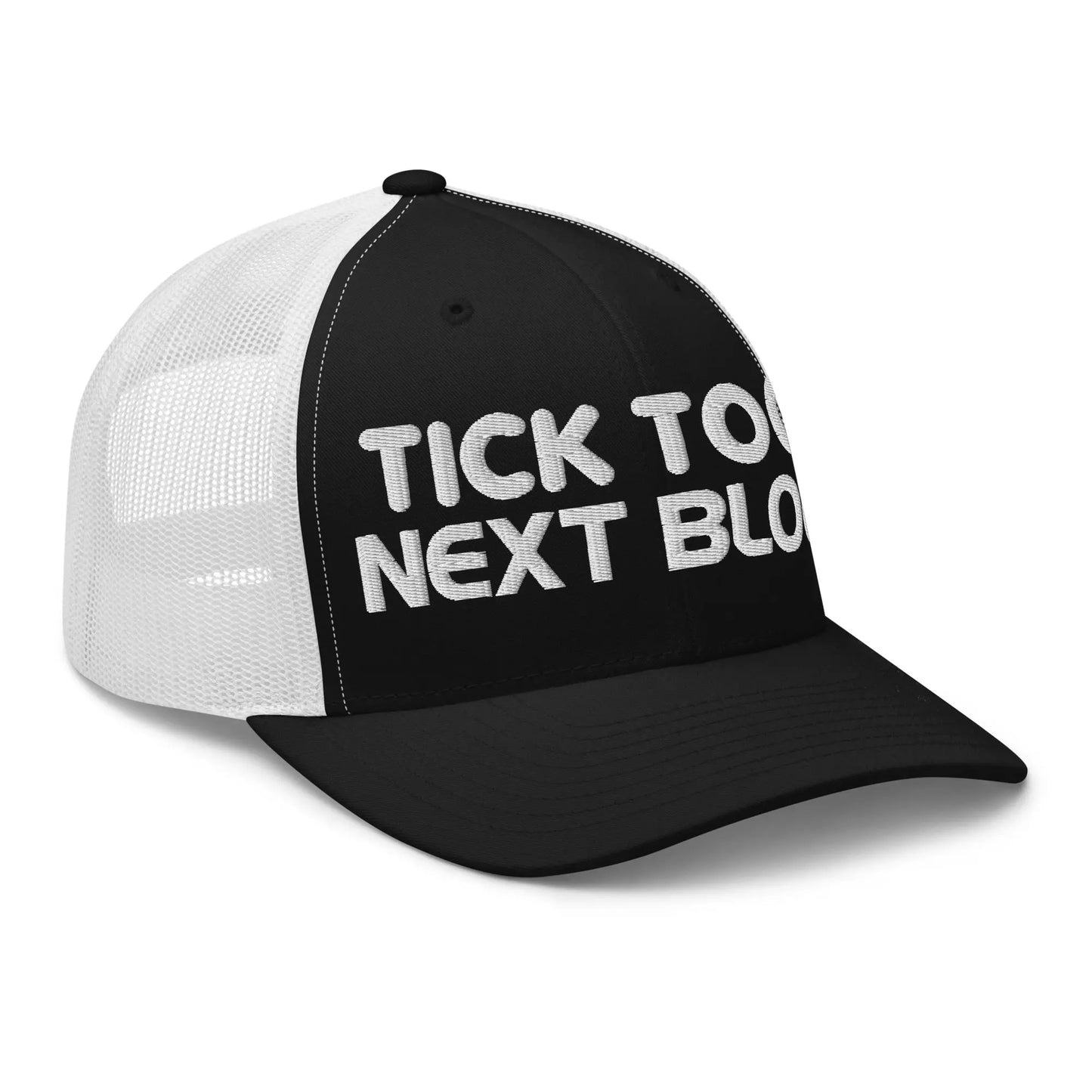 bitcoin trucker hat next block design angled view black and white