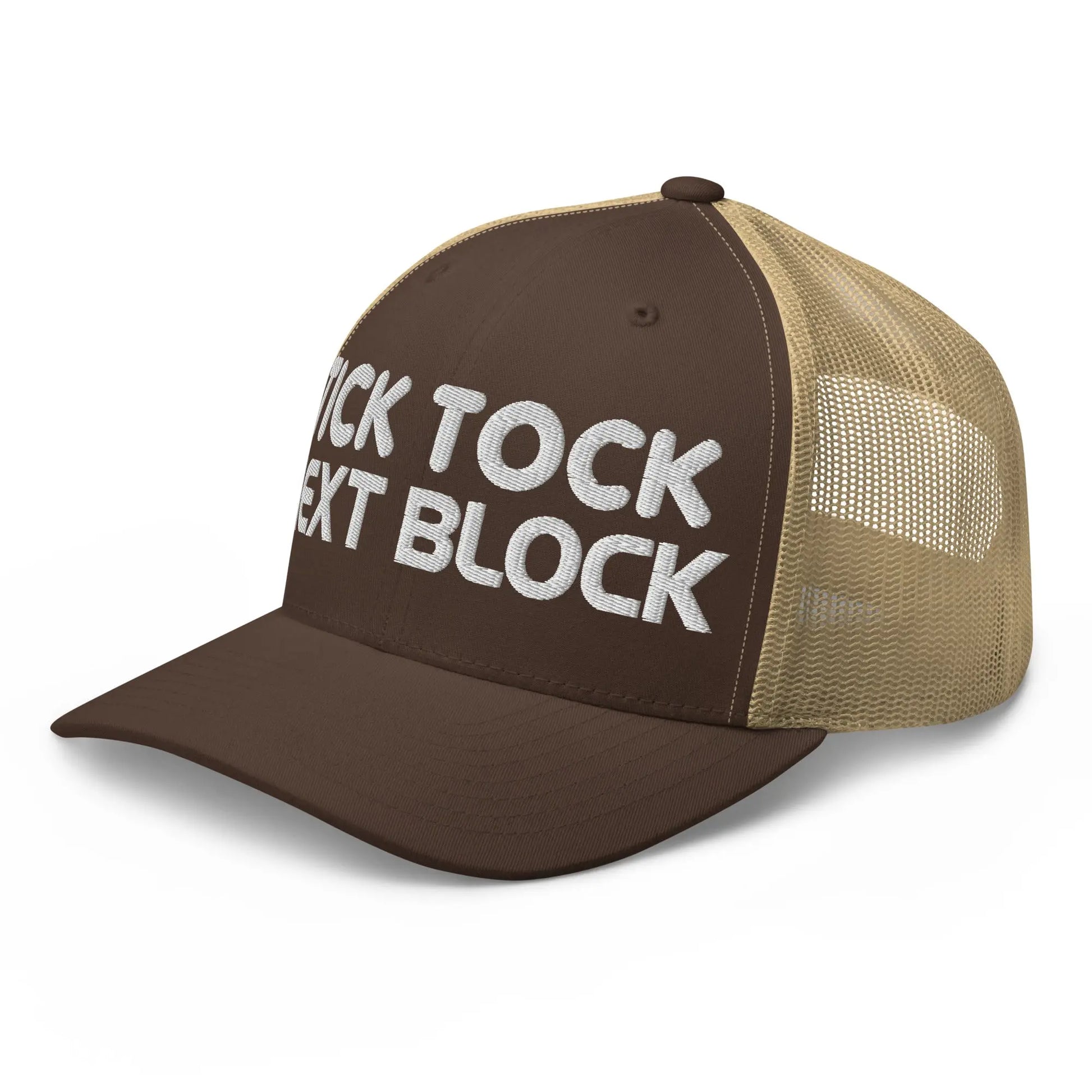 bitcoin trucker hat next block design angled view brown and khaki