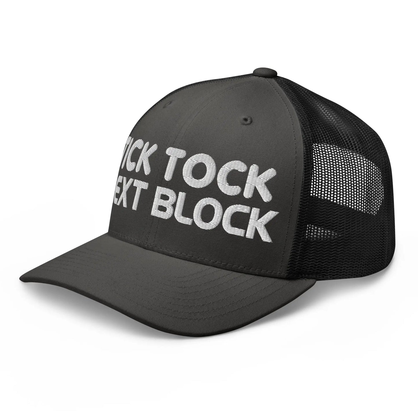 bitcoin trucker hat next block design angled view charcoal and black