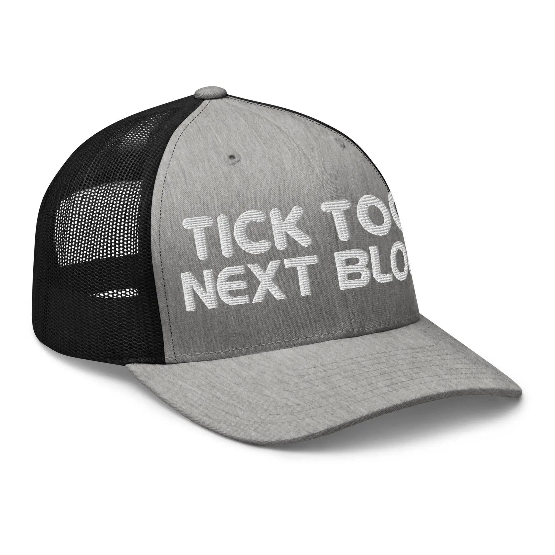 bitcoin trucker hat next block design angled view heather and black